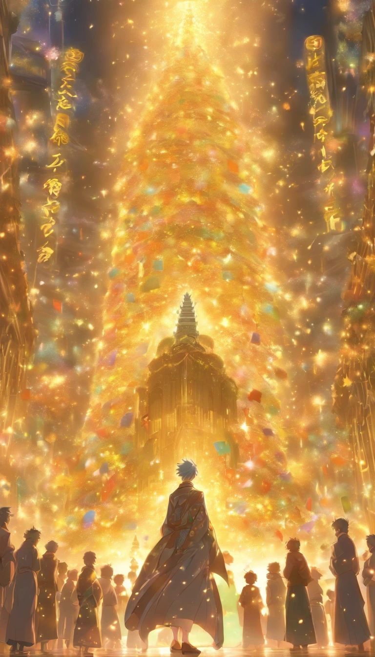 /imagine prompt: An elderly elder standing in front of the crowd, holding a table with five million contribution points written on it, surrounded by surprised and murmuring elders, with a majestic palace in the background showcasing the importance of cultivation, ,32k, best quality, masterpiece, super detail, high details, by Makoto Shinkai ,in the style of the stars art group xing xing, --niji 5"