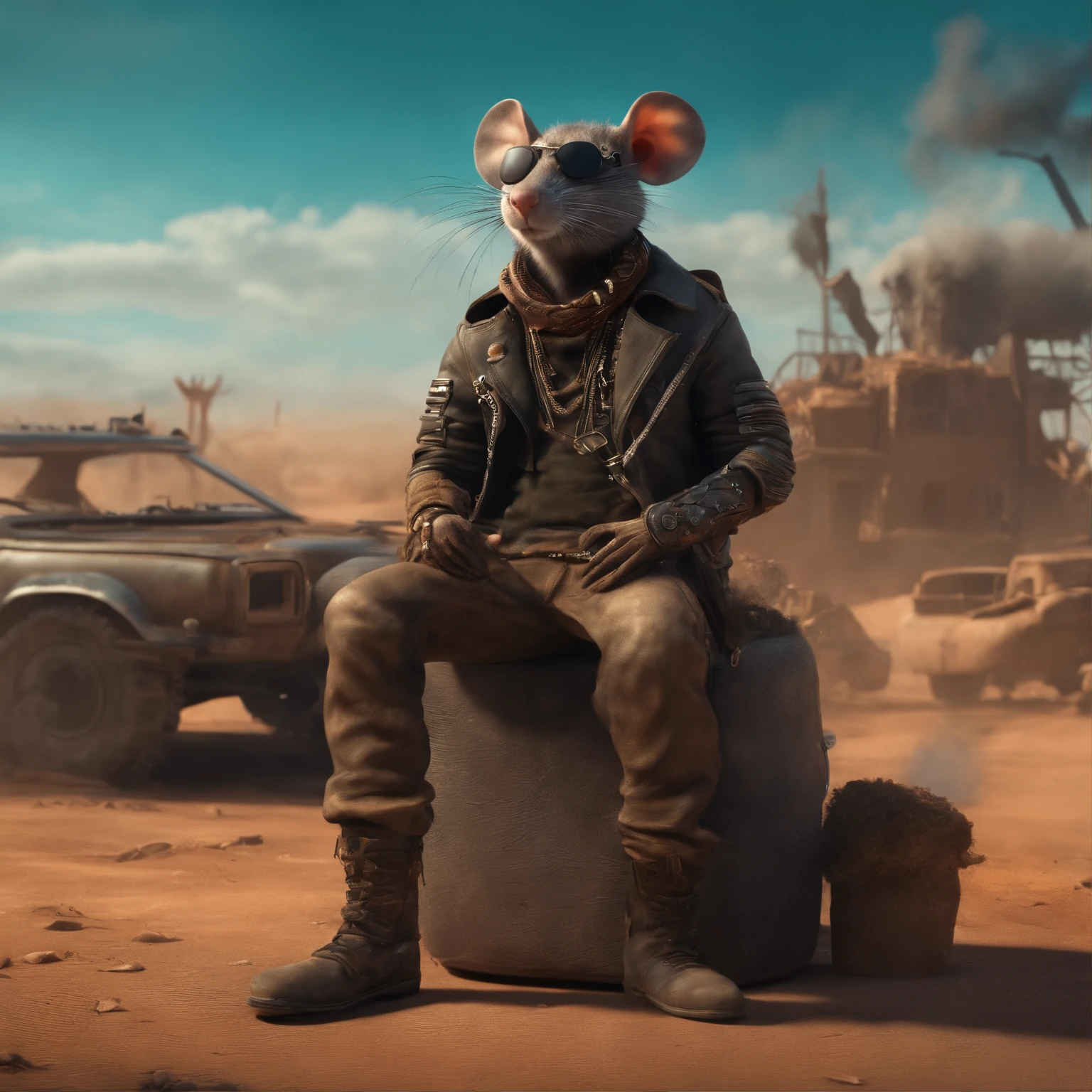 "((post-apocalyptic world, atmosfera arenosa, dystopian landscape)) Madmax" A rat wearing hip hop outfit next to smoking cigar in 3D style animation