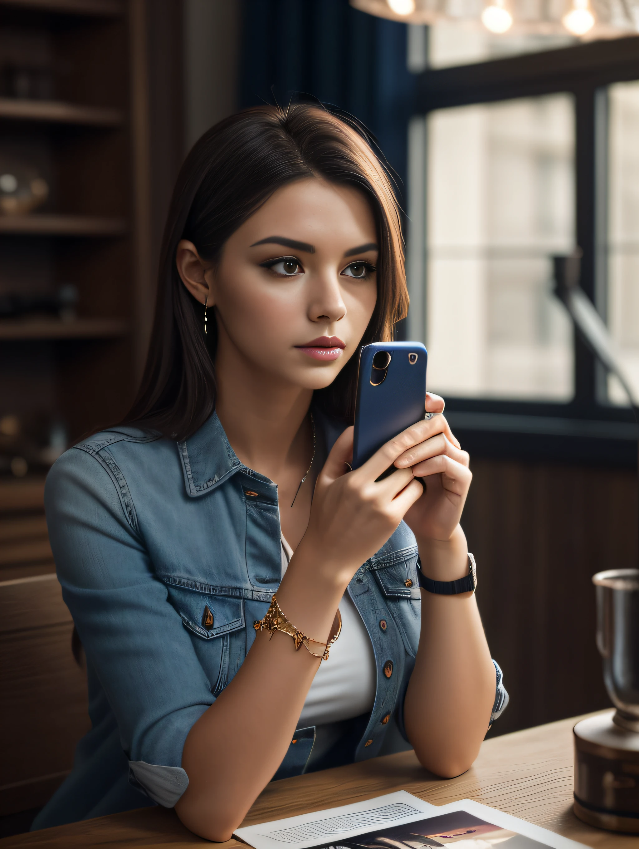 An image showing a beautiful woman on their phone highly detailed, elegant, DSLR, canon, pinterest, artstation, smooth, sharp focus, 8k,full shot, 105mm portrait lens , Blue lighting