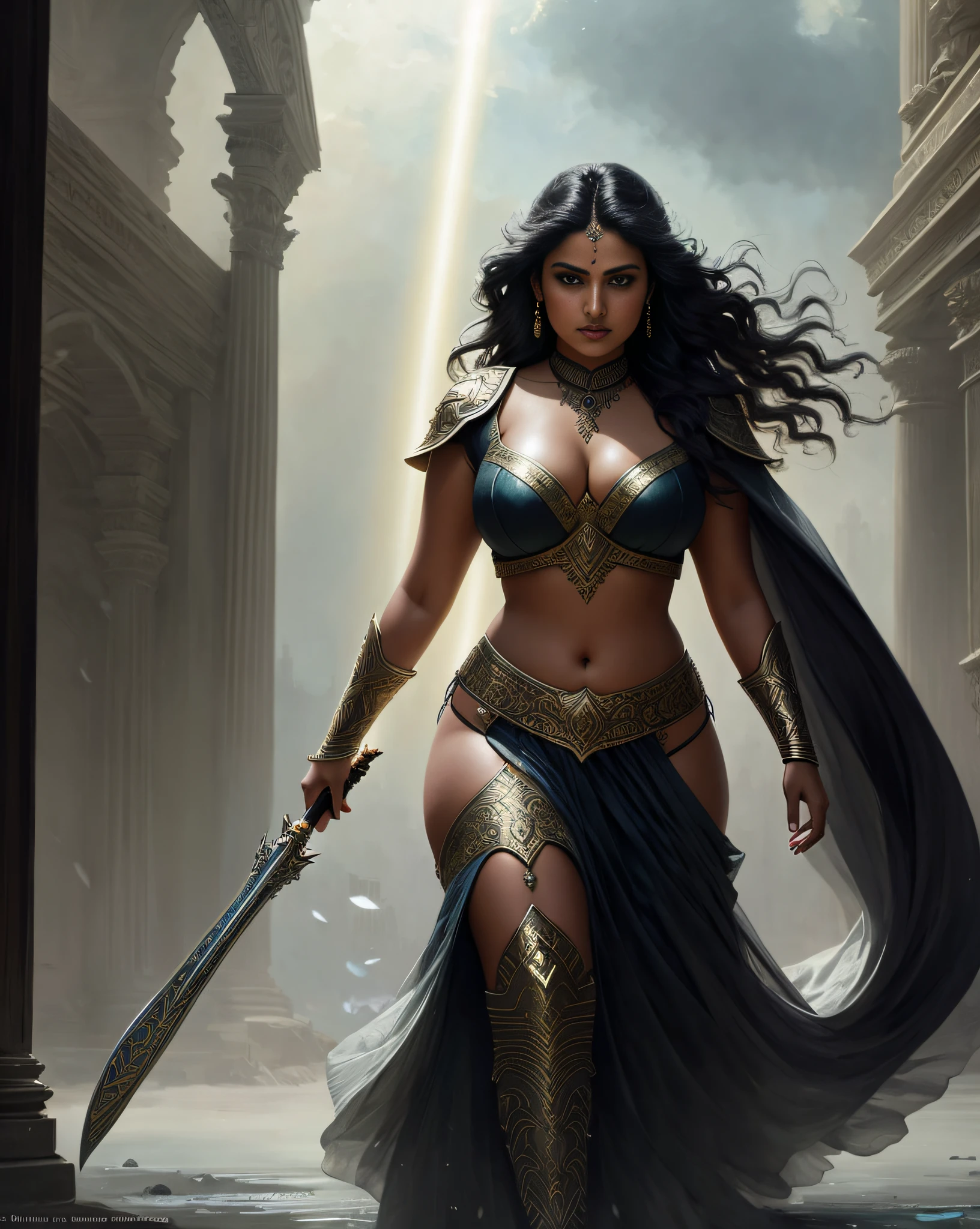 (masterpiece digital painting) of a (solo:1.3) ravishing alluring curvy chubby warrior woman Suhasini Nair , walking in a apocalyptic palace ruins, wearing filigree metallic armour, intricate robes, cape & skirt, battle ready, navel,  (flowing wavy backlit hair), cinematic dramatic scene, lustful glance, (captivating kohl lined eyes:1.3), (passionate expression:1.3) apocalyptic magical atmosphere, dramatic lighting, depth of field, backlit, light rays, highly detailed, trending on artstation, paint splashes, rich colour, mythological portrait, by Ron hicks & greg rutkowski