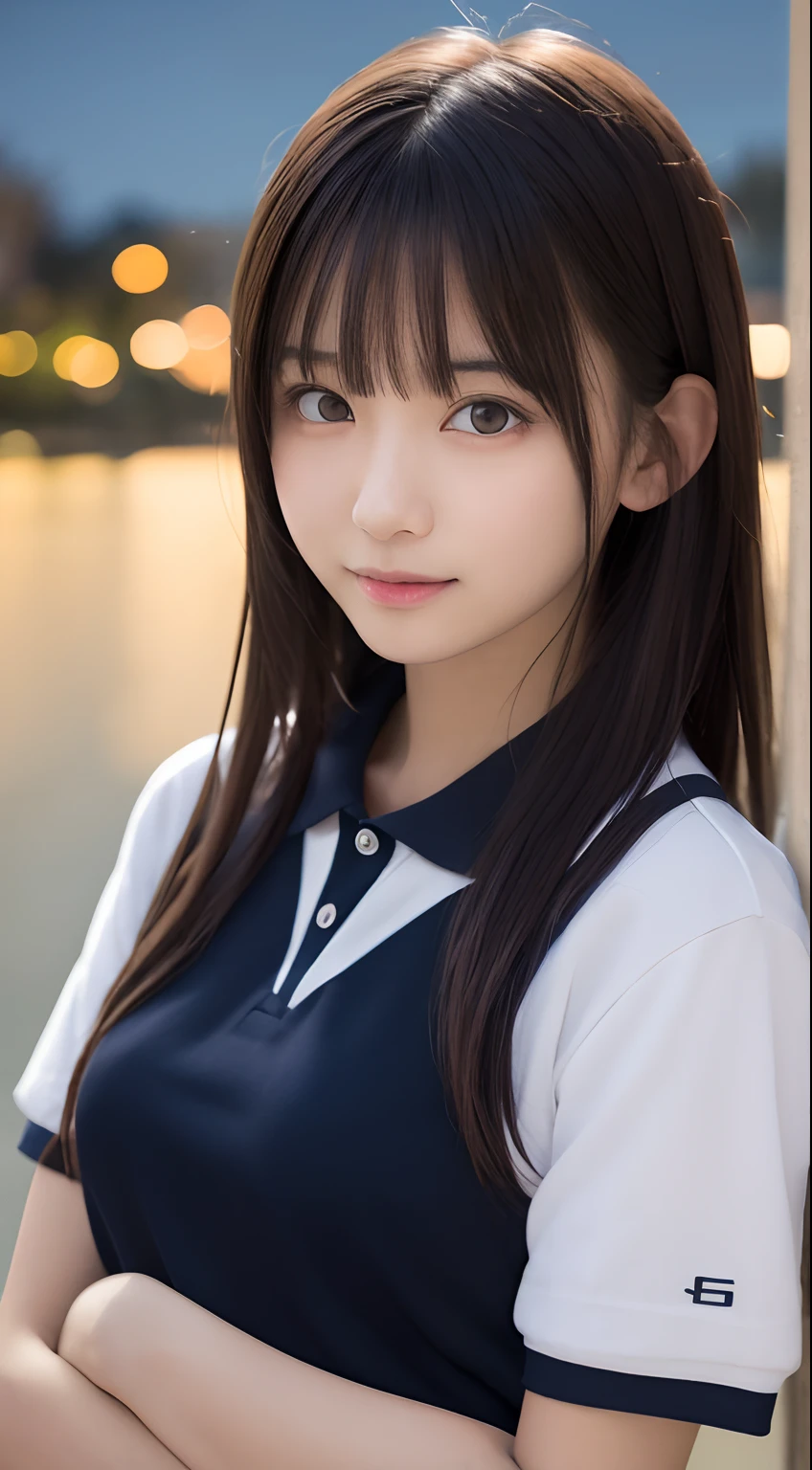 masutepiece, Best Quality, 8K, 8ars old, Teen, Raw photo, absurderes, award winning portrait, Smile, Solo, (Night:1.8), Idol face, Delicate girl, Upper body, Digital SLR, Looking at Viewer, Candid, Sophisticated,Thin arms, Professional Lighting, Film grain, chromatic abberation, (Eyes and faces with detailed:1.0), (Bokeh:1.1) , (polo shirts:1.1) , closes mouth , A dark-haired , drooing eyes , large full breasts , Thicker lips