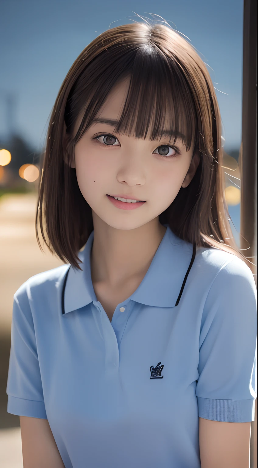 masutepiece, Best Quality, 8K, 8ars old, Teen, Raw photo, absurderes, award winning portrait, Smile, Solo, (Night:1.8), Idol face, Delicate girl, Upper body, Digital SLR, Looking at Viewer, Candid, Sophisticated,Thin arms, Professional Lighting, Film grain, chromatic abberation, (Eyes and faces with detailed:1.0), (Bokeh:1.1) , (polo shirts:1.1) , closes mouth , A dark-haired , drooing eyes , large full breasts , Thicker lips
