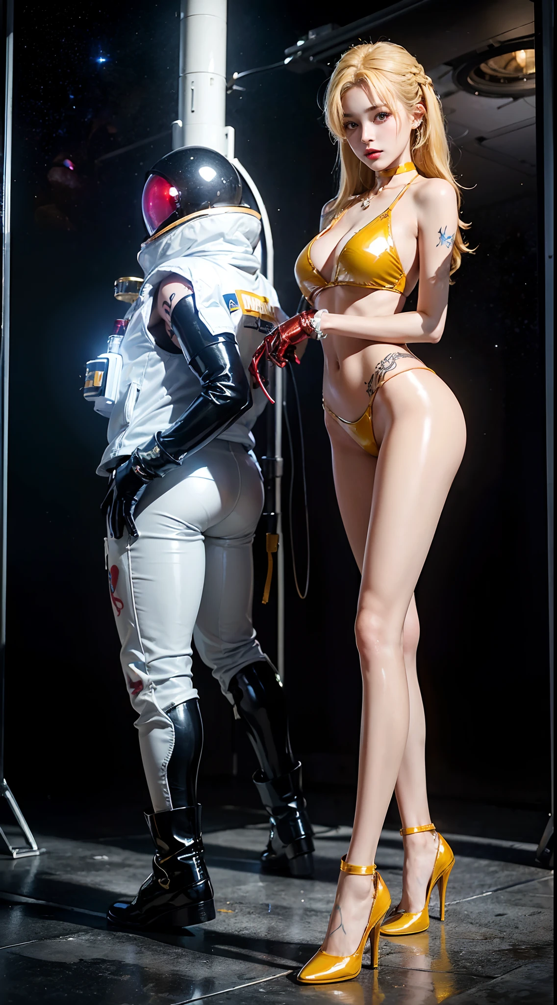 ((masterpiece:1.4)、(top-quality:1.4)、(reallistic:1.7))、masuter piece:1.4、Beautiful Girl Dirty Pair、(Beautiful Girl Space Investigator Dirty Pair:1.4)、Yuri and Kay's duo investigators、Yuri and Kei's duo investigators stand side by side、Body Fit Sexy Investigator Duo Uniform、(Glossy luxury latex:1.4)、(White Sleeveless Uniform Jacket)、(Underwear Red Sexy Super Ultra Bikini)、(Luxury Red Latex:1.4)、age19、(Cute tattoos:1.4)、(Wearing white gloves)、Kawaii Girl、Super beauty、foco nítido、Portrait photos、(Perfect female body:1.4)、Sexy couple、Upper body photography:1.4、beautiful countenance、beautidful eyes、Narrow waist、beauty legs、(Yellow-haired Kei and blue-haired lily:1.4)、(length hair:1.2)、Beautiful udder、large full breasts:1.2、Sexy ass、Raw photo、red-lips、Red high heels:1.4、a choker:1.4、a necklace:1.4、耳Nipple Ring:1.4、1 screen display、cyberpunkcity:1.2