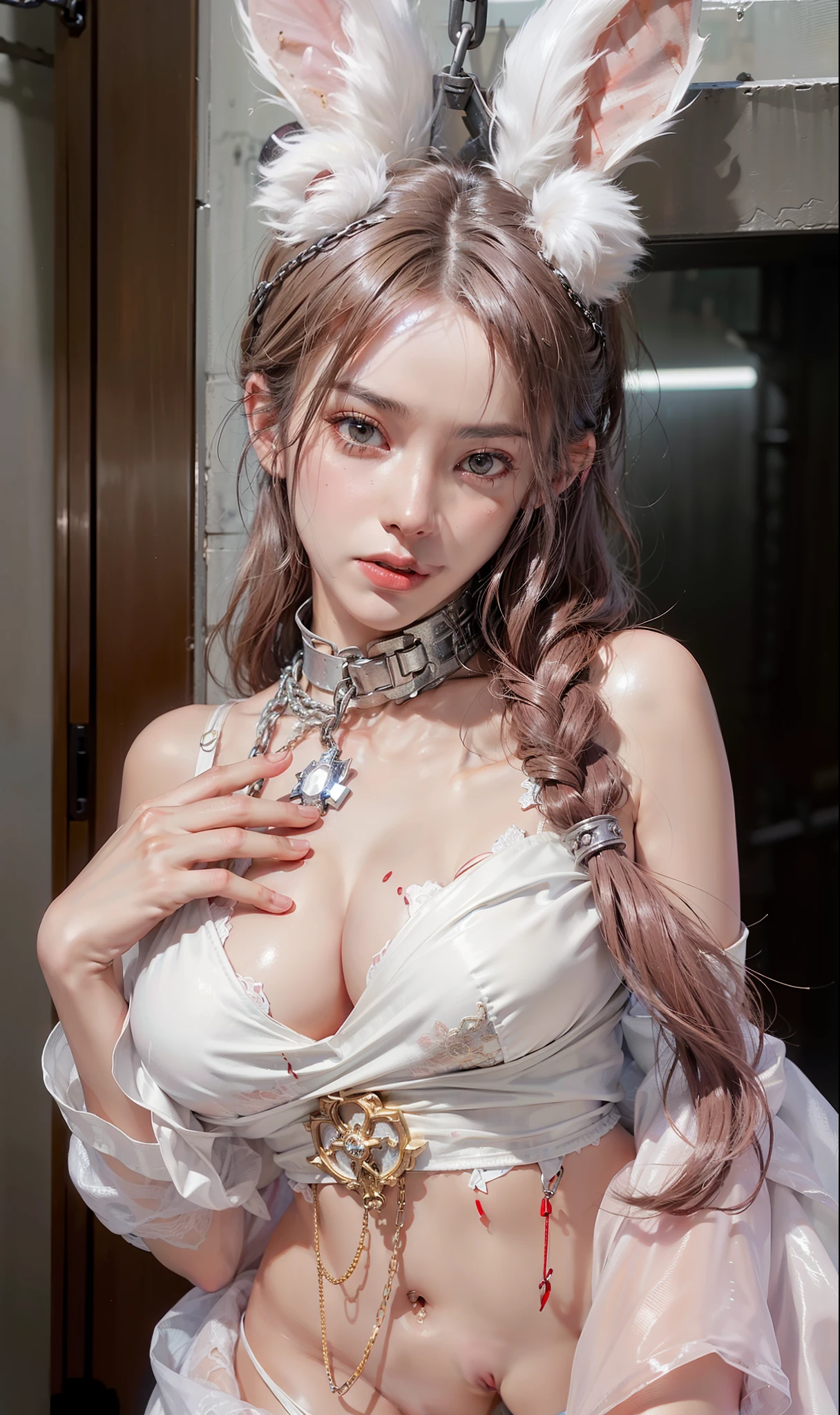 ,((Wearing a torn sheer costume of a superheroine)),(, No bra)), Wet crotch, Wet thighs, Beautiful girl with accentuated slender abs: 1.4, (((nipple tips protruding, areola is protruding, The shape of the pubic region is clearly visible)), sixpack abs: 1.4, Bust Botox, Photo, Sharpness, Unique 850 4, Koda850 k portrait camera, F1.6 shots, Ultra-realistic textures, Spectacular light textures, Cinestil 800 Fashion Mechanics, (futuristic sci-fi battle fashion: 1.1), (tied perfectly by chain), Restraint, Slaves, collars, ((wide prison with sunlight)), Dark fantasy, Realistic material details, extreme hight detail, Ultra-realistic materials ((Torn costume))), Wet, Cloudy, (Chained)), ((big emphasized by chains)), ((chains digging into crotch)), ( (Collar)), (, No bra), shredded costumes, broken golden shields and battle spears,, White combat gloves, Combat shoulder armor, Blood splattered on the face, Blood splattered, Realistic, (Bruises, Dirty, ripped clothing, skimpy clothing, Blood: 1.3), Torn Cape, Torn pantyhose, Long legs, ((iron pipe in the crotch)), Metallic shackles and fetters, ((chains hung from heaven)), Wet crotch is clearly visible, Swarovski's sword and the anatomy beneath his feet, (futuristic sci-fi battle fashion, Torn mesh stockings),