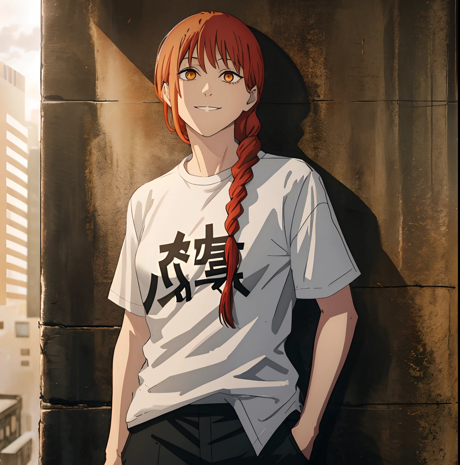 makima \(chainsaw man\), best quality, ultra detailed, 1girl, solo, standing, red hair, long braided hair, golden eyes, bangs, medium breasts, Black T shirt, Tshirt, T-shirt, Black Slacks pants, stare, smile, (evil:1.2), looking at viewer, (interview:1.3), ((1girl)), bottomless, beautiful, masterpiece, best quality, shiny skin, facing at viewer, makima \(chainsaw man\