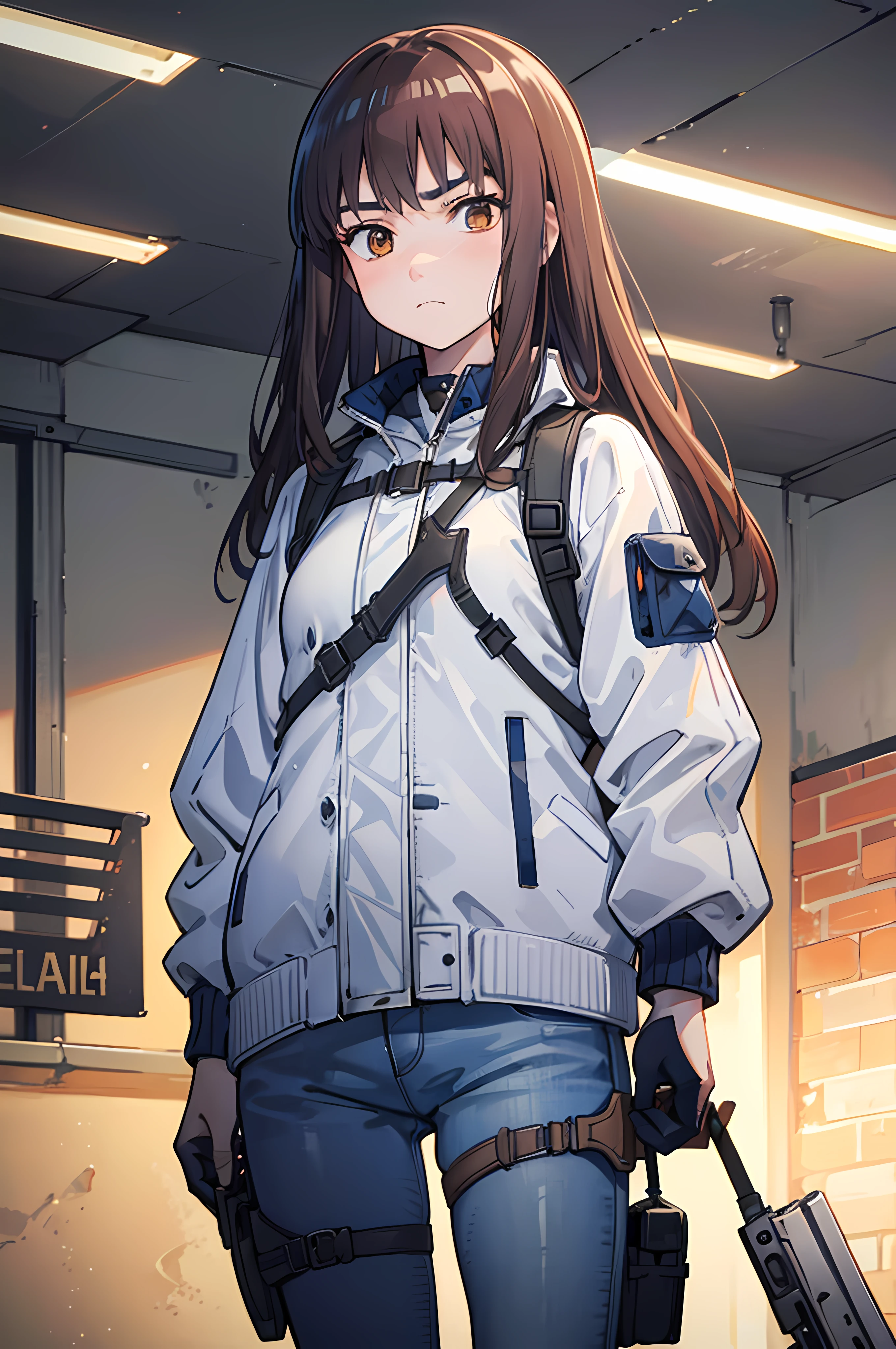 (8K Ultra High-Quality) (Masterpieces) 1 Girl, long hair, orange eyes color, wearing Tactical Jacket with a bunch of pouches, wearing Blue Jean with Pistol Holster, carrying bag, holding M14 Battle Rifle, looking at viewer sad face.