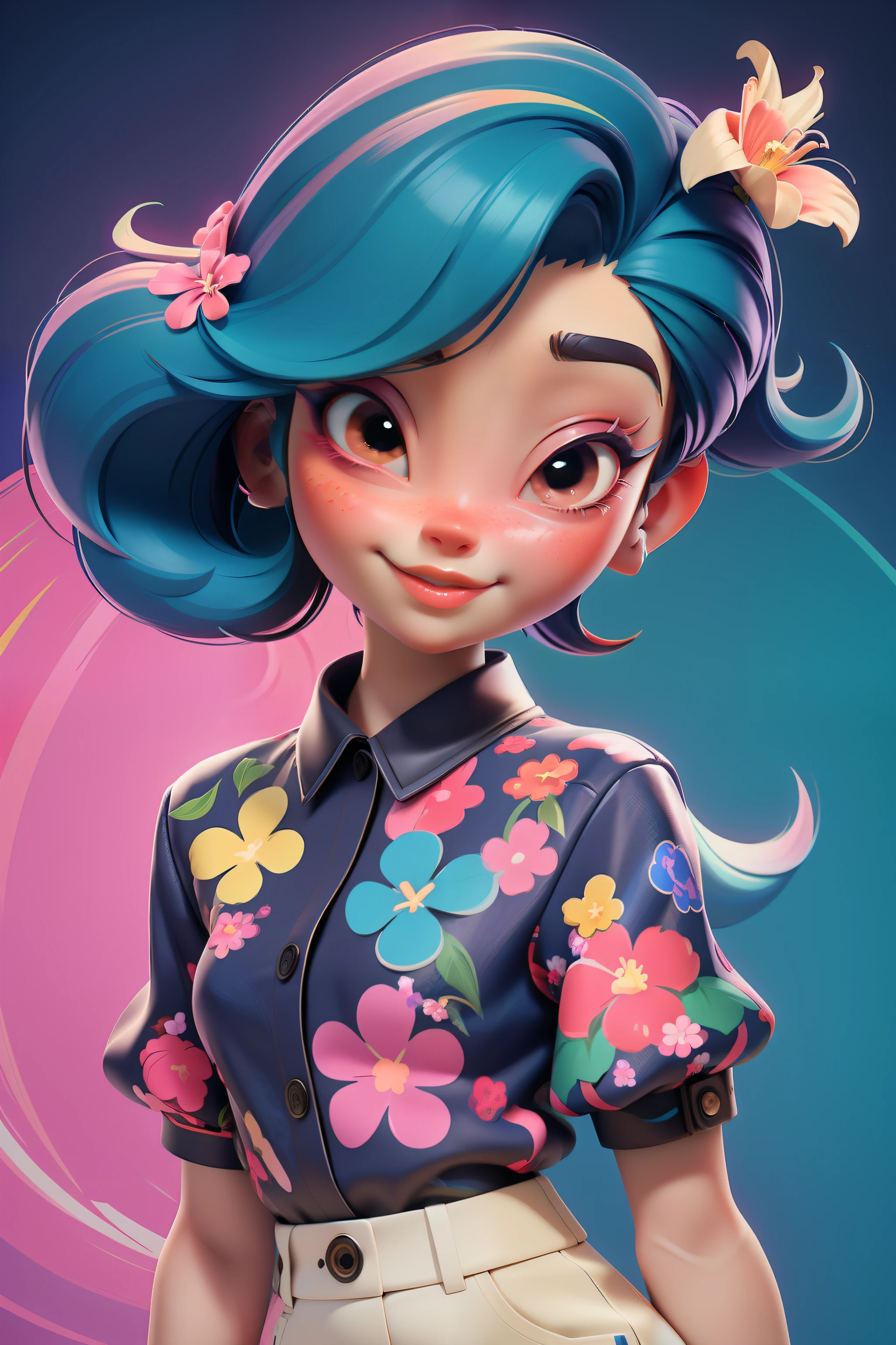 3dmm style, Create digital artwork in the Pop Art style, Featuring a vibrant and confident young Asian girl,street fashion, Movie color scheme, Surrounded by vintage flower motifs, Vibrant brushstrokes,Emotions should be dynamic, Upper body, Drawing, illustration, escala cinza, tropical, Many flowers,