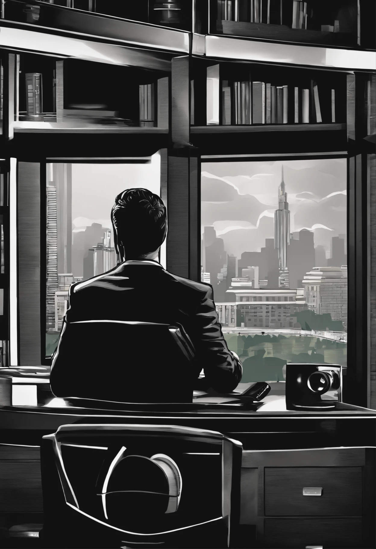 marciano, lovecraftiano, TV news anchor, redaction, virado para a frente, monitores e computadores em segundo plano