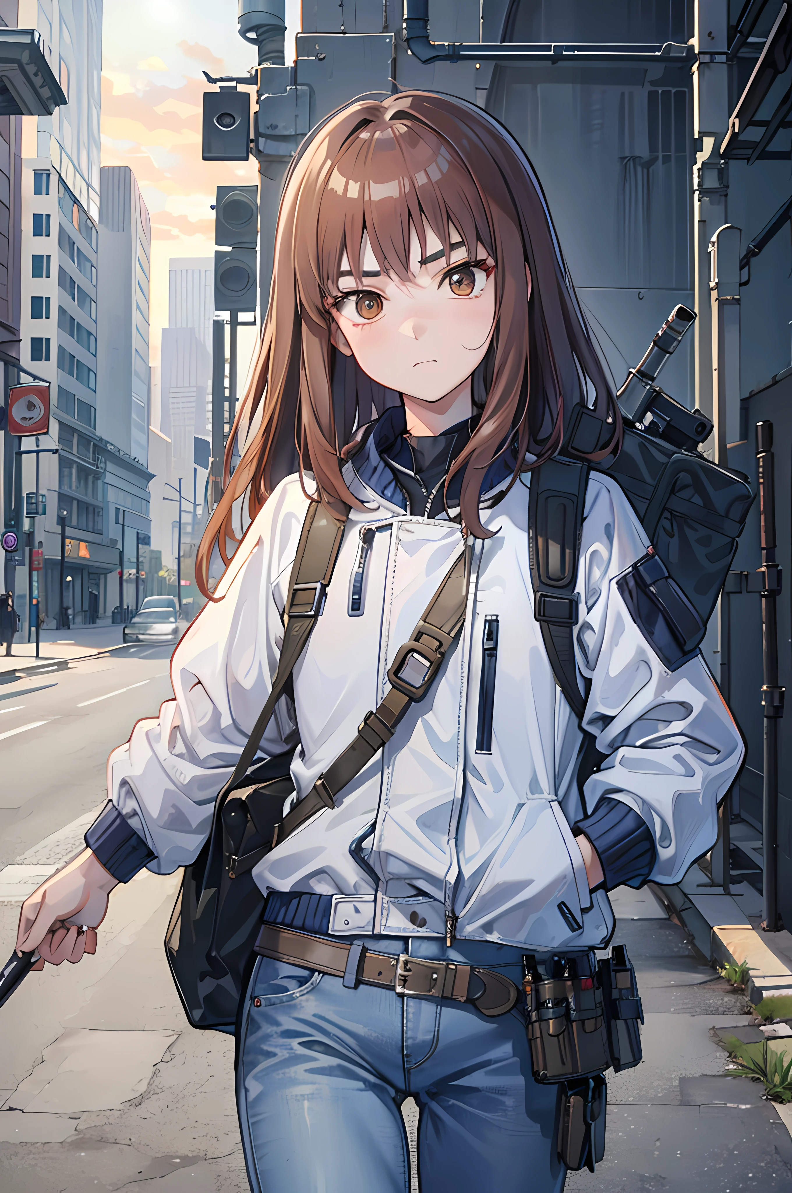 (8K Ultra High-Quality) (Masterpieces) 1 Girl, long hair, orange eyes color, wearing Tactical Jacket with a bunch of pouches, wearing Blue Jean with Pistol Holster, carrying bag, holding M14 Battle Rifle, looking at viewer sad face.