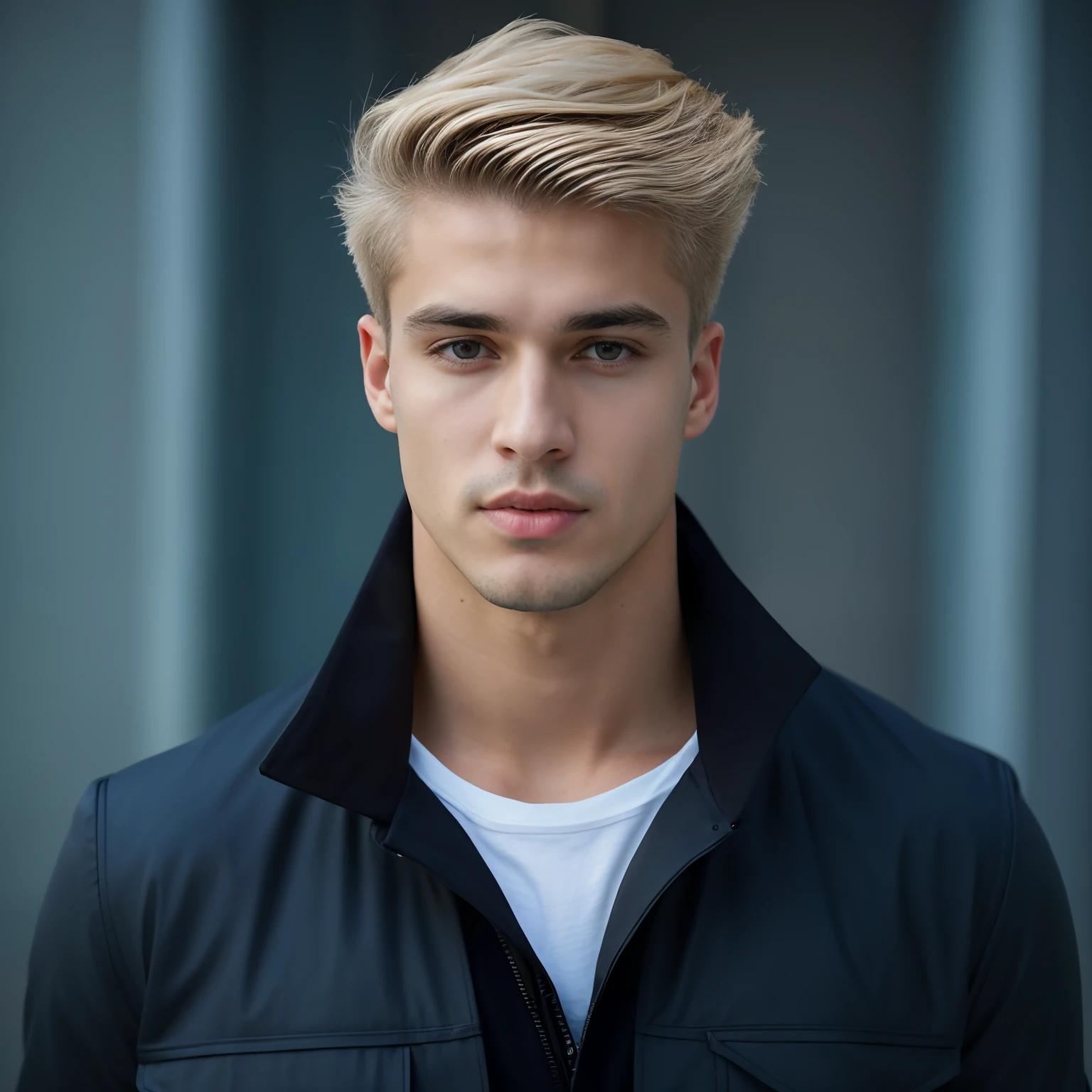 Rapaz com cabelos loiros e olhos azuis usando uma jaqueta, long swept back blond hair, Blonde and attractive features, homem jovem loiro, modelo bem cuidado, rosto bonito perfeito, bonito rosto atraente, cabelos loiros elegantes, cara loiro, cabelos loiros e olhos azuis, modelo masculino, short hair on top of his head, cabelos ondulados penteados para um lado, rosto jovem atraente, macho bonito, rapaz com barba, barba longa, rosto detalhado, modelo musculoso, square jawline, Jörg Nink 8k