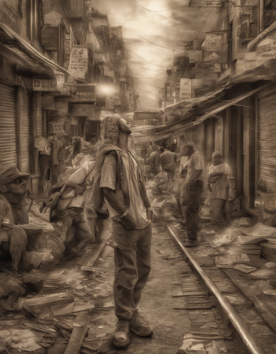 Mundo cinzento, Sepia World, mundos colidem, Sparks, cidade sentado ao centro um rapper escrevendo em um caderno