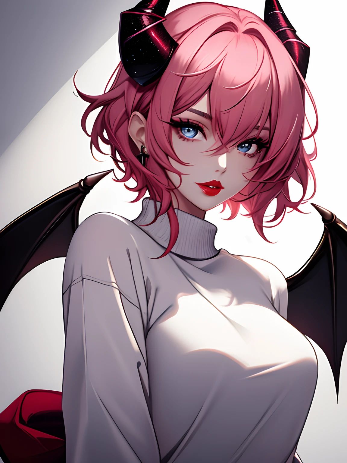 incomparable masterpiece, Ultra-realistic 8k CG, perfect artwork, ((The perfect female image)), Mature woman, skinny waist, seductive, clean, beatiful face, {an extremely delicate and beautiful girl} , 8k wallpaper, {{{Masterpiece}} }, 1girl, pink hair, blue eyes, square, A blue sweater over a white t-shirt, Jewelry, lips, lipstick, short hair, viewer's gaze, makeup, lips, red-lips, Simple background, 独奏, upper-body, (sparkly skin),Black Demon Horns, Black Demon Wings
