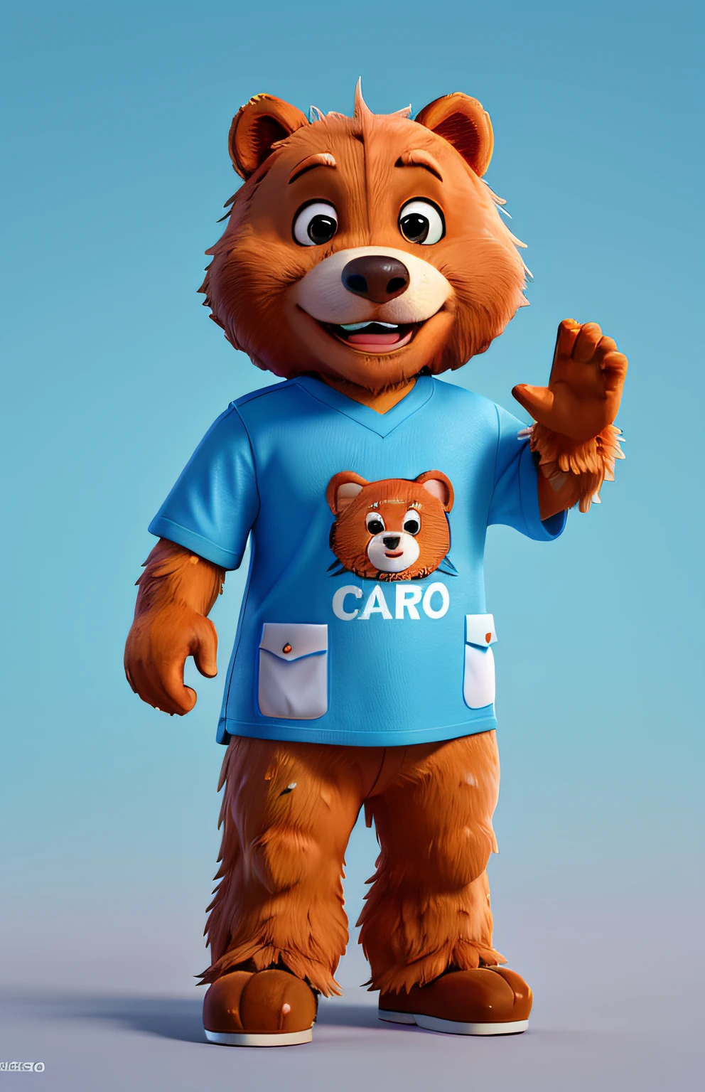 urso, mascote, Pescador, realista, 4k, Waving his hand, sorridente, Feliz, confiante, usando camisa social azul sem estampa