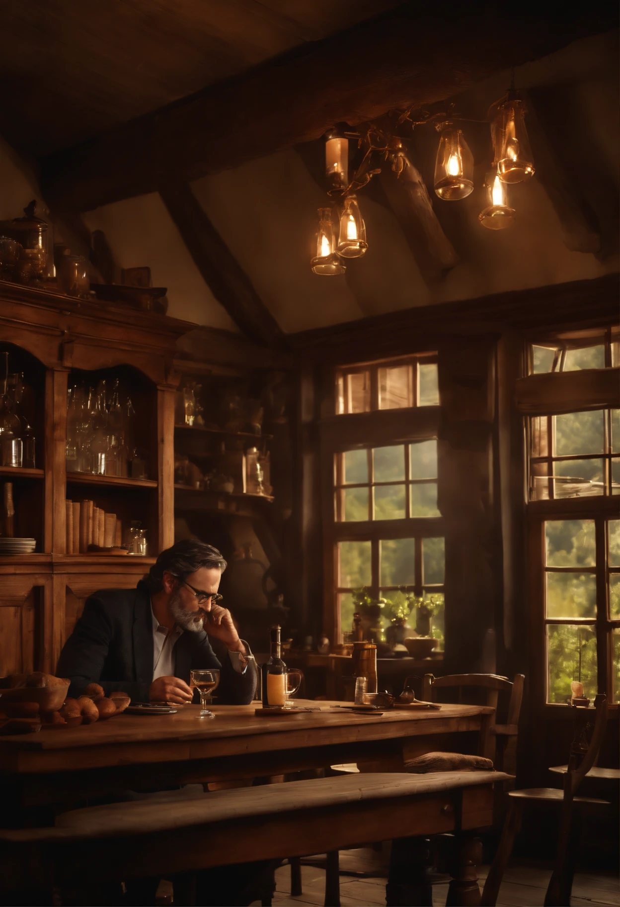 (best quality,4k,Full HD,alto:1.2), ultra-detalhado, (Realistic,fotorrealista,photo-realistic:1.37), A rich man of about 45 years old with black hair and glasses, bonito, parecendo triste, vazio, In his cottage in front of the chimney drinking a glass of Wiskey, pensativo, Her house is made of wood with luxurious elements, Nineteenth-century epoch.