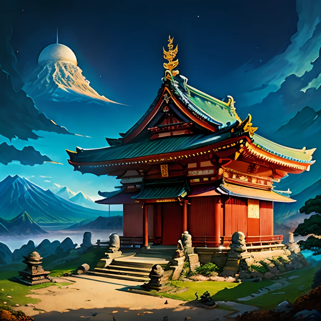 Illustration dragon japonais volant au dessus d'un temple