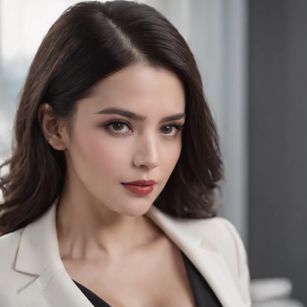 Lawyer, woman, sexy, business clothes, white skin, black hair, black eyes, full mouth, cinema pose, 4k, realistic, large breasts