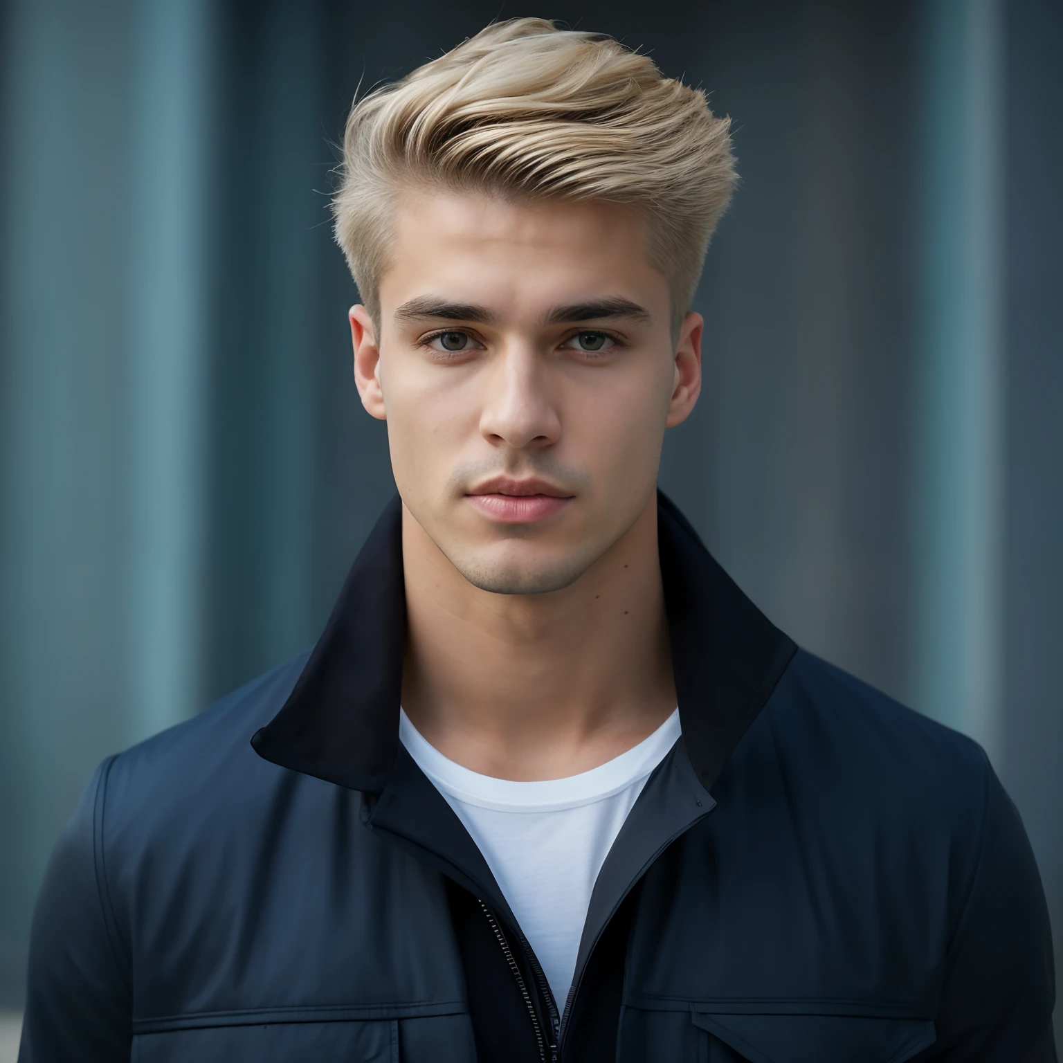 Rapaz com cabelos loiros e olhos azuis usando uma jaqueta, long swept back blond hair, Blonde and attractive features, homem jovem loiro, modelo bem cuidado, rosto bonito perfeito, bonito rosto atraente, cabelos loiros elegantes, cara loiro, cabelos loiros e olhos azuis, modelo masculino, short hair on top of his head, cabelos ondulados penteados para um lado, rosto jovem atraente, macho bonito, rapaz com barba, barba longa, rosto detalhado, modelo musculoso, square jawline, Jörg Nink 8k