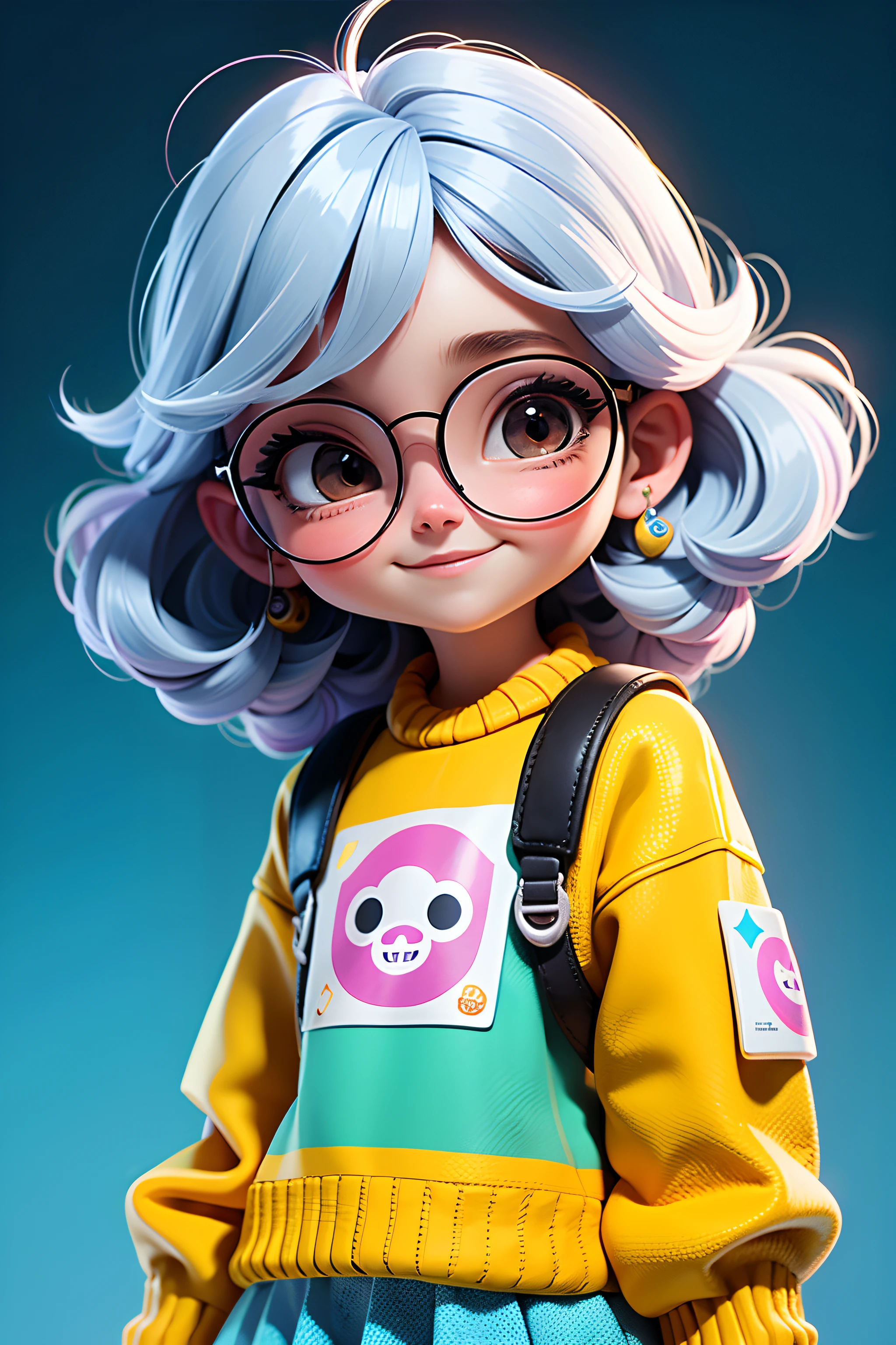 Loli Menina, cabelo mesclado, preso, modern accessories , Eyeglasses, olhos delicados e detalhados, sorriso delicado e detalhados, opalescente, Perolescente, Holographic,  fundo escuro