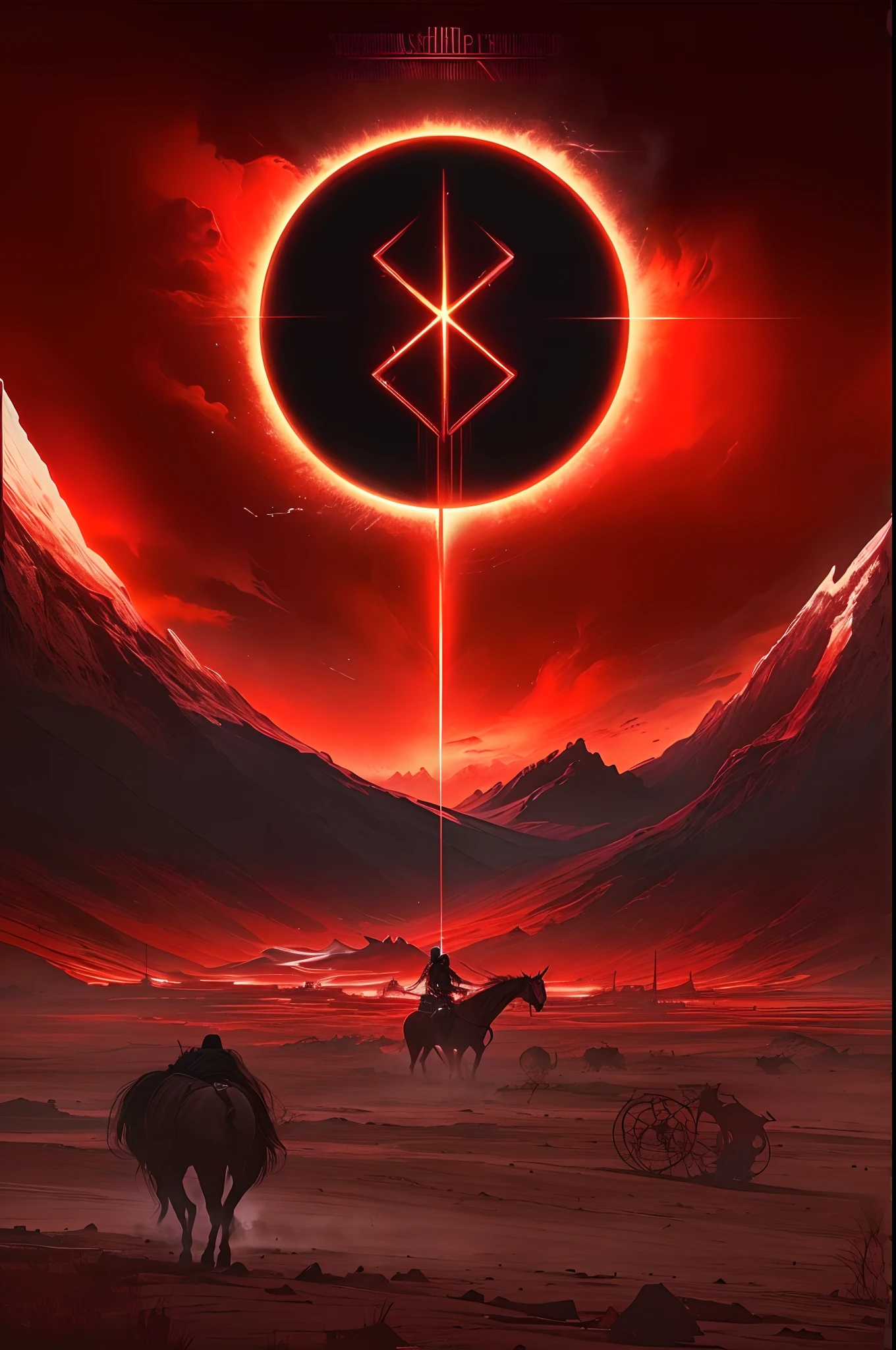 A painting of a red sky with a black circle and a person on a horse, red demon cyberpunk symbols, just art for dark metal music, omen from valorant, Symmetrical Epic Fantasy Art, Runas sangrentas, arte do bipe, cyberpunk demonic symbols, smelting pit'beeple, Red planet on the rise, Erguendo-se do vazio