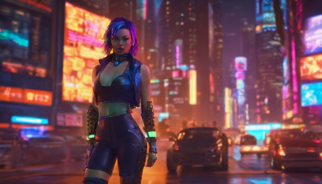 Sexy girl, very big tist, full body, sexy cyberpunk outfit, implant body, Ultra detailed face, ultra detailed eyes, ultra detailed clothes, realistic body, beautiful face, intricate details, ultra detailed skin, ultra realistic photo, ultra realistic lighting, hdr,best quality,8k,highres,realistic, soft lighting,vibrant colors,