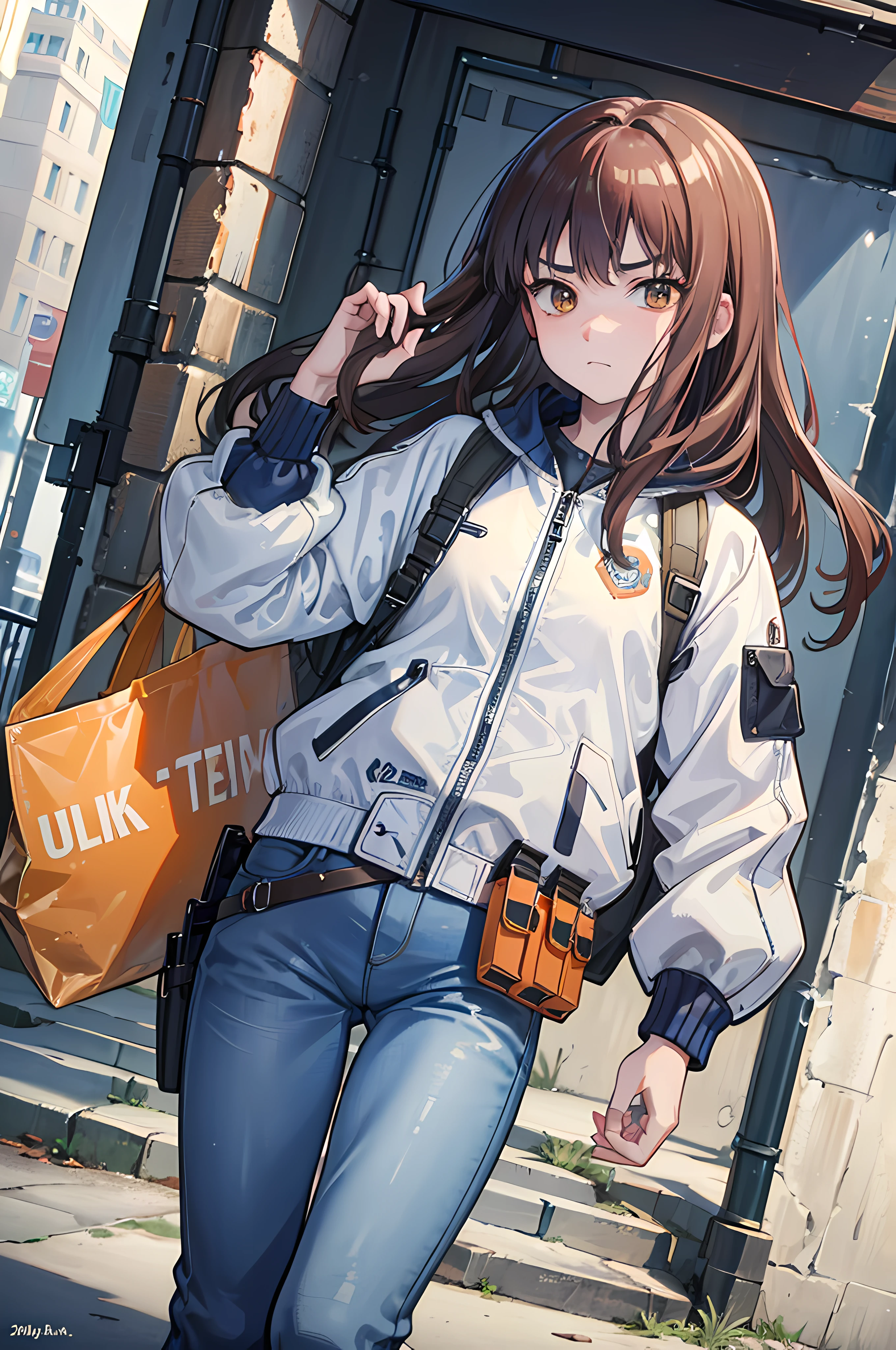 (8K Ultra High-Quality) (Masterpieces) 1 Girl, long hair, orange eyes color, wearing Tactical Jacket with a bunch of pouches, wearing Blue Jean with Pistol Holster, carrying bag, holding M14 Battle Rifle, looking at viewer sad face.