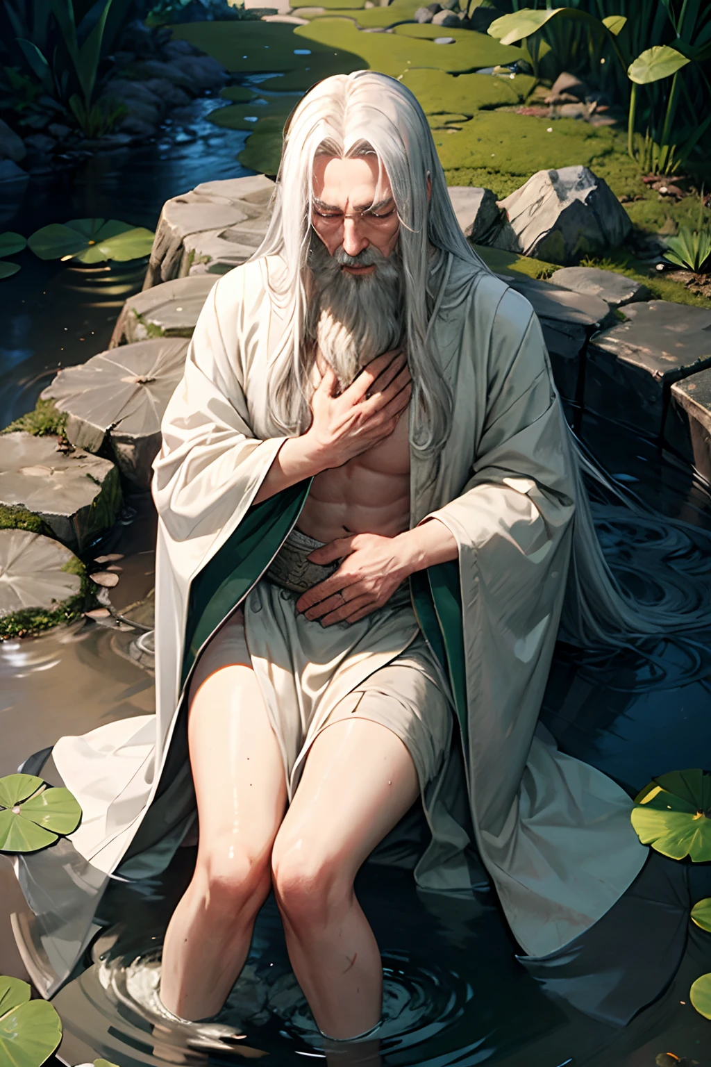 old-aged man, wrinkles,long White hair,Long white beard,..dressed in a loose moss green robe his shirt was open to reveal his stomach older hairy weak and chest, arms legs neck hands feet skinny old and weak,Lying in the water,water lily,lotus leaf,Closed eyes,master-piece,4K images,beste-Qualit