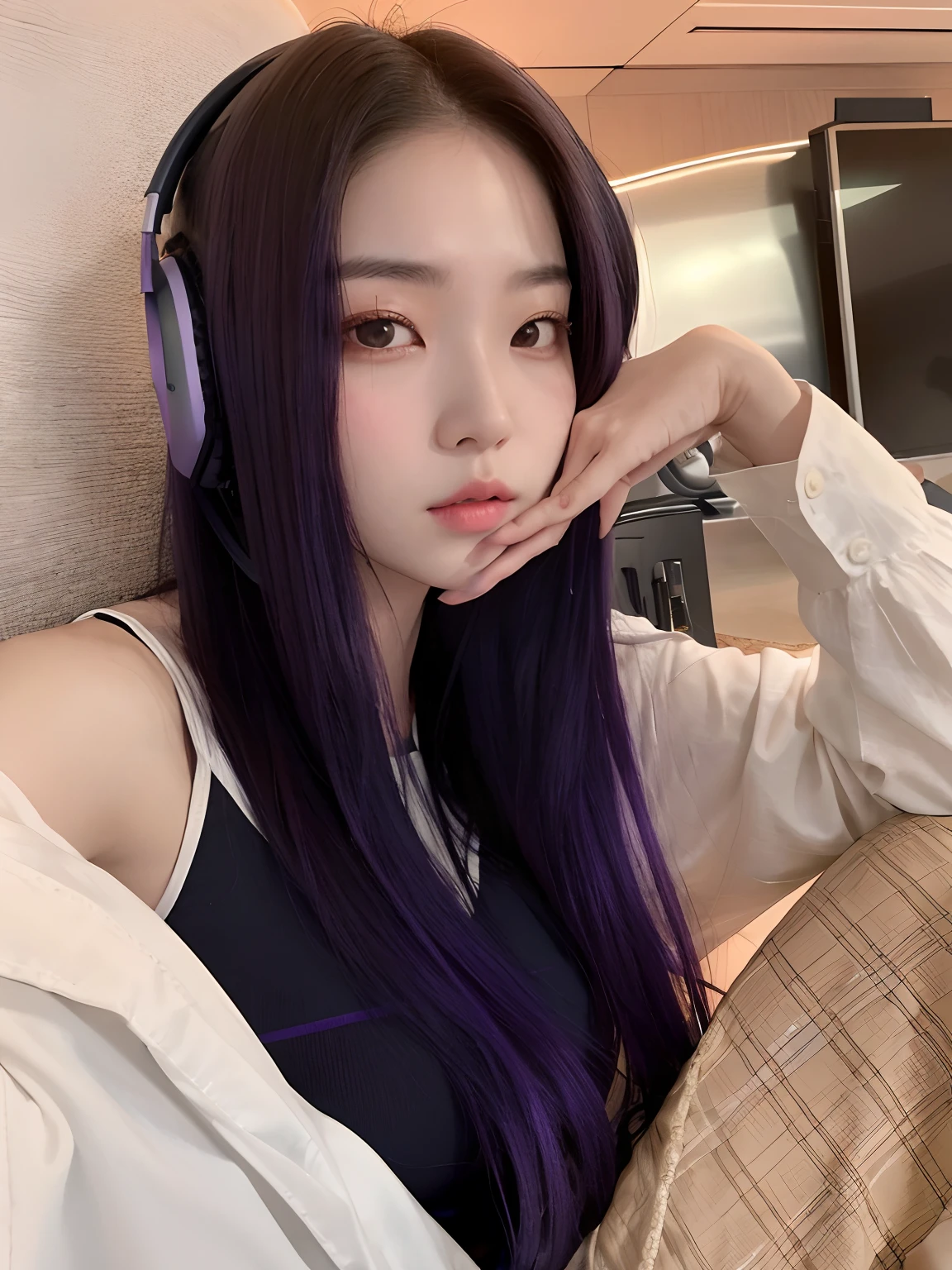 a close up of a person with headphones on sitting on a couch, jinyoung shin, jaeyeon nam, ulzzang, korean girl, violet long hair, heonhwa choe, purple long hair, lee ji-eun, lee ji - eun, cruel korean goth girl, beautiful south korean woman, sakimichan, hwang se - on karina in aespa