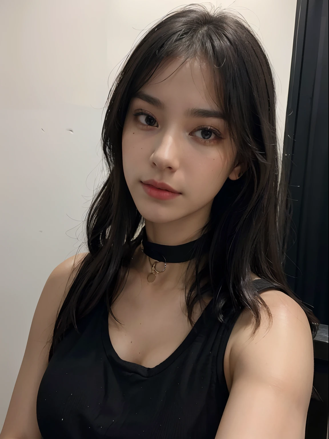 (RAW photo:1.2), ((photorealistic:1.4),(masterpiece:1.3),(best quality:1.4),ultra high res,(detailed facial features),(detailed clothes features),HDR,8k resolution, 1girl, neck length hair, wearing black tight tanktop, selfie, choker necklace