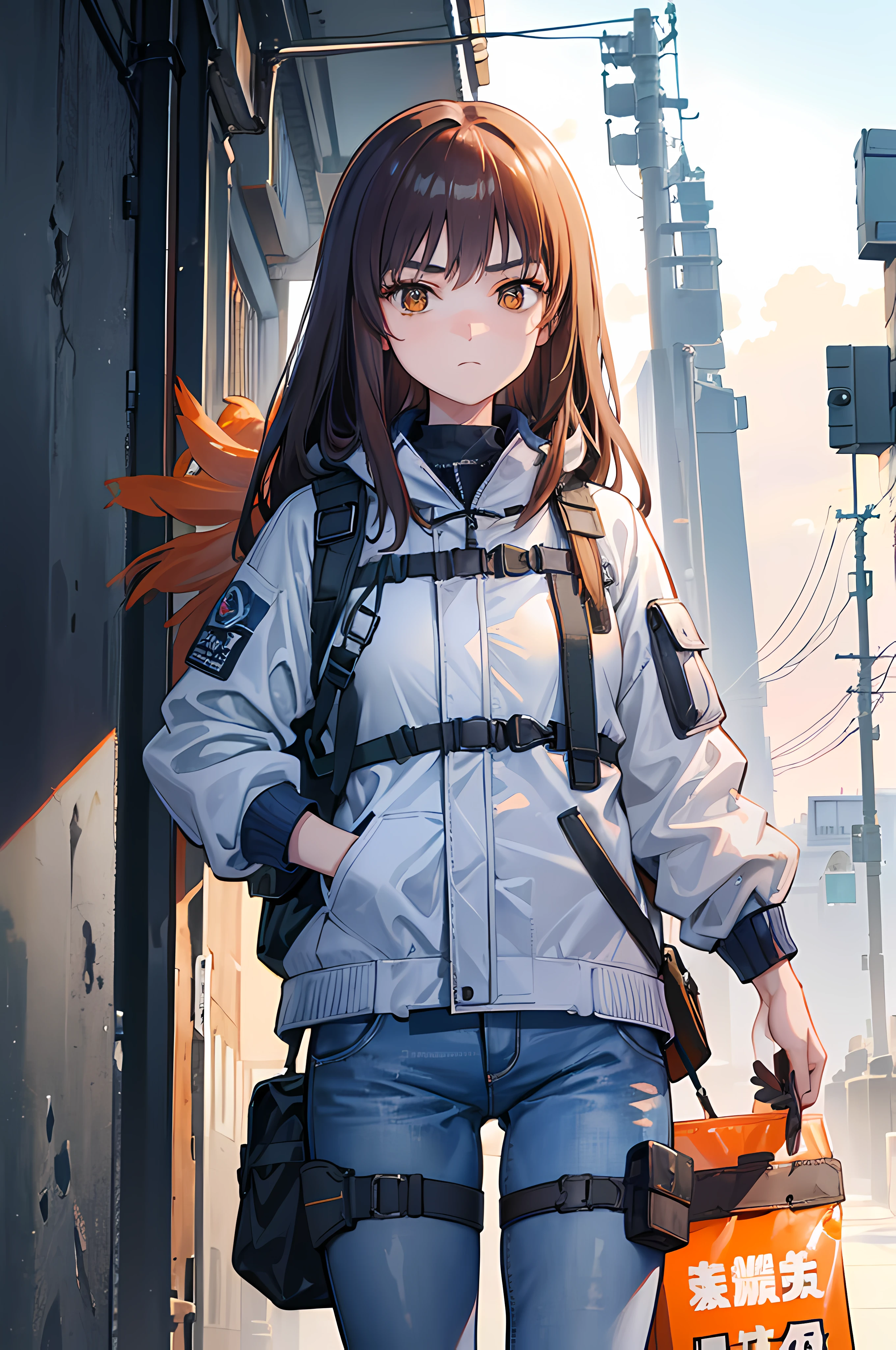 (8K Ultra High-Quality) (Masterpieces) 1 Girl, long hair, orange eyes color, wearing Tactical Jacket with a bunch of pouches, wearing Blue Jean with Pistol Holster, carrying bag, holding M14 Battle Rifle, looking at viewer sad face.