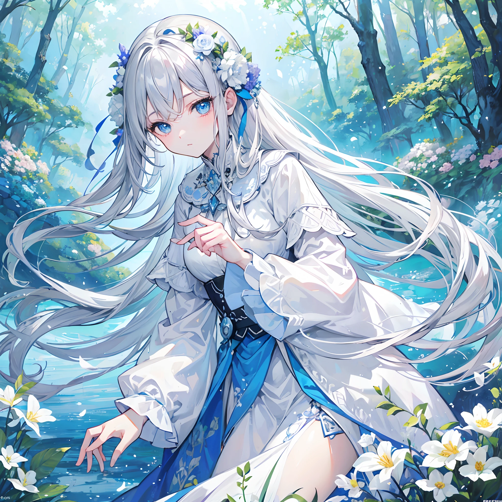 (Highest quality) (masterpiece) (calm) soft blue eyes grey hair white skin looking at forest beautiful woman flowers in lake