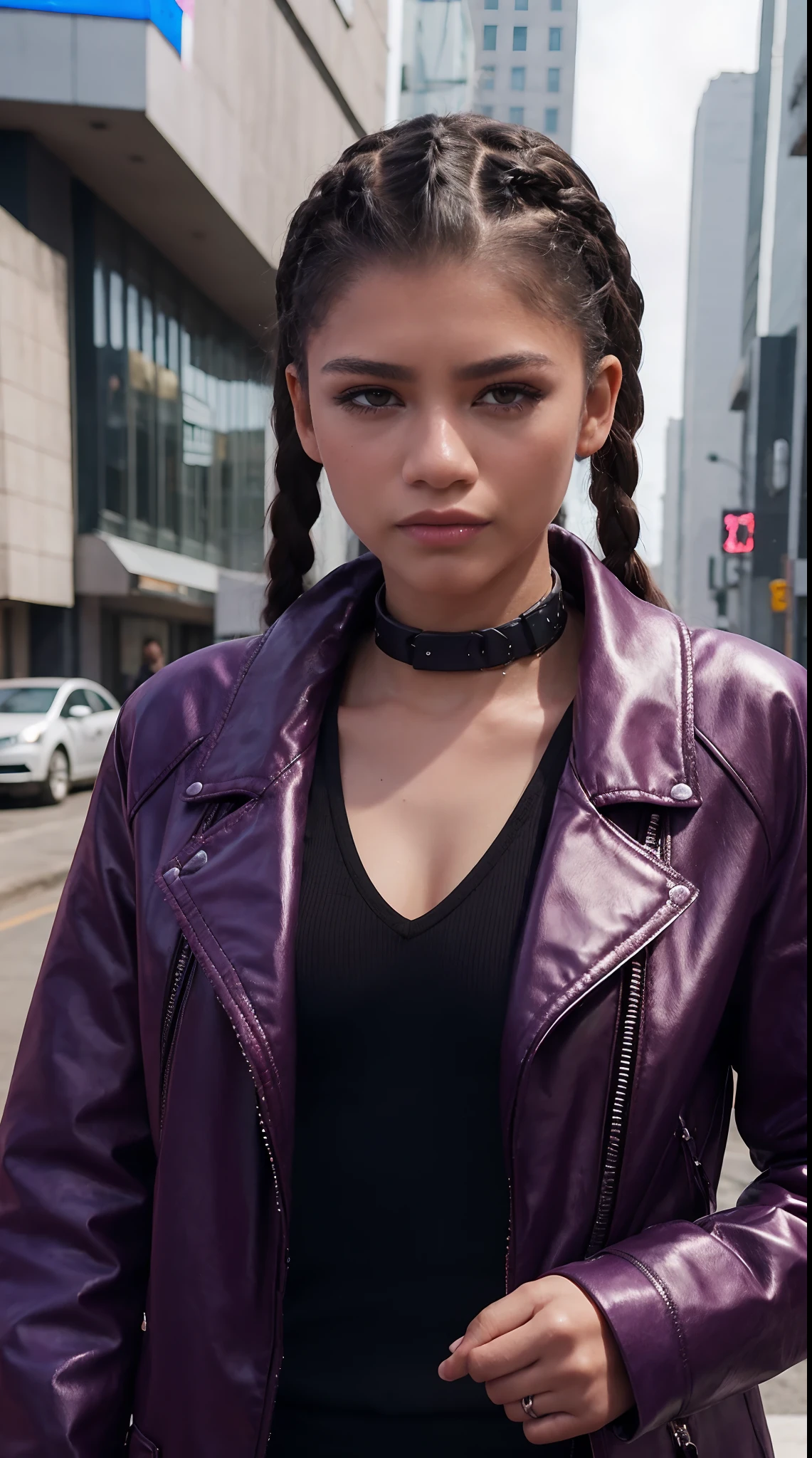 1girl, black hair, long hair, Red Carpet Cornrows hairstyle, techwear masterpiece, bestquality, realistic, realism, dark purple jacket, portrait, detailed eyes, 21 year old girl, fashion pose, half body, wide shoot, on the street, cyberpunk