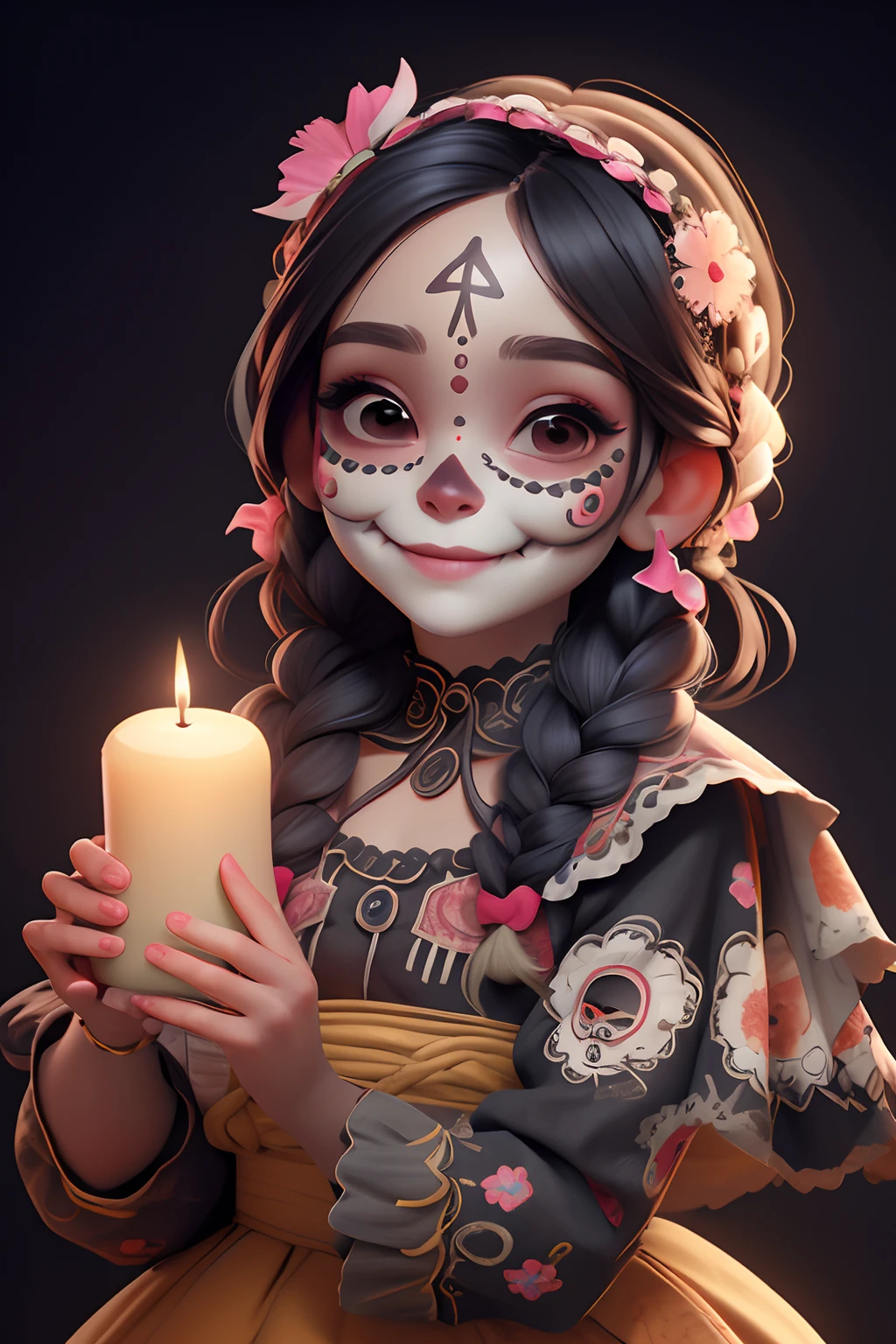 masterpiece, best quality, detailed face, detailed eyes, detailed hands, a girl smiling with (sugar skull makeup), Mexican indigenous dress, head band of flowers, holding a (candle)