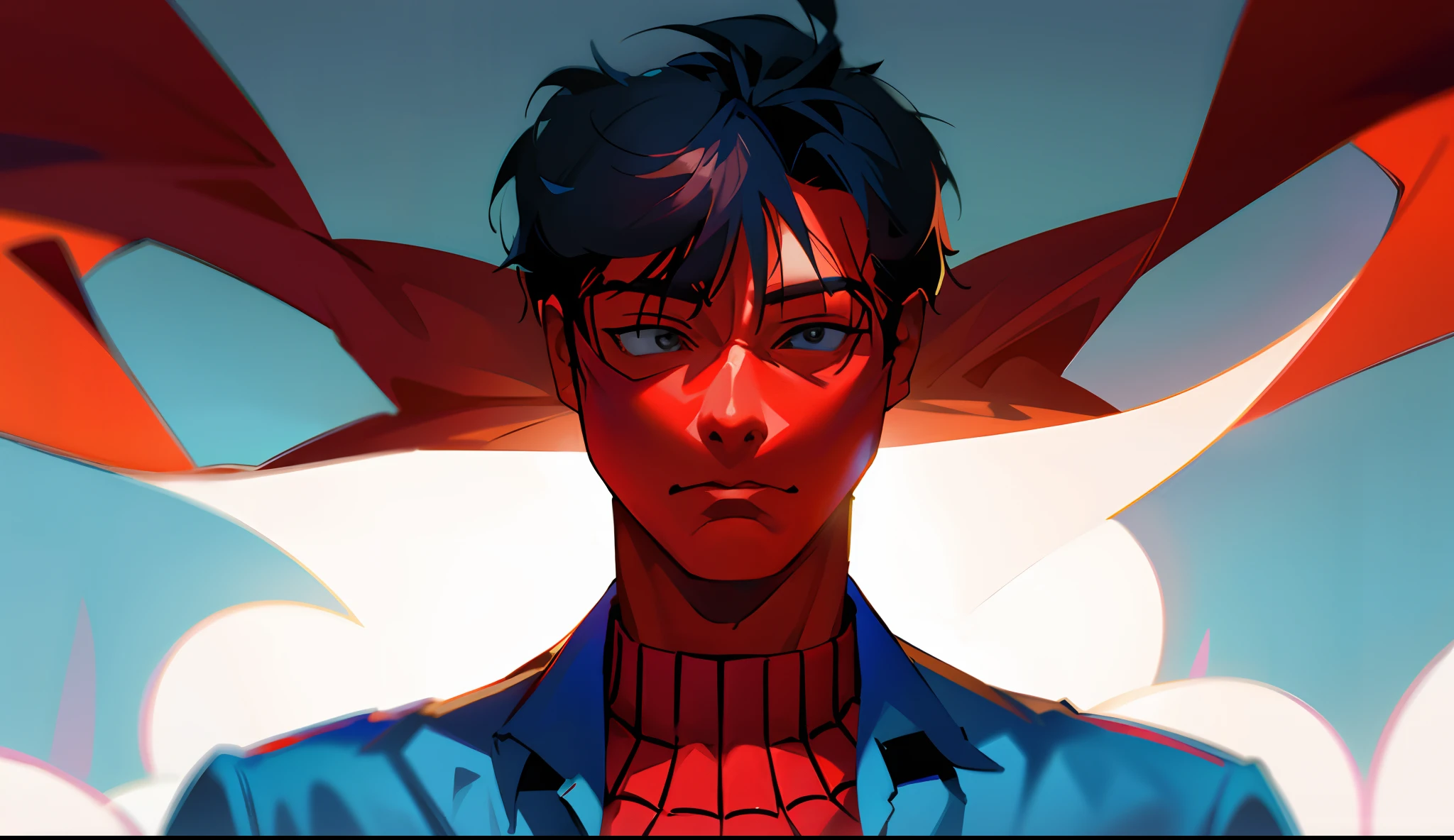 asian spiderman,withouth mask, wearing denim jacket
