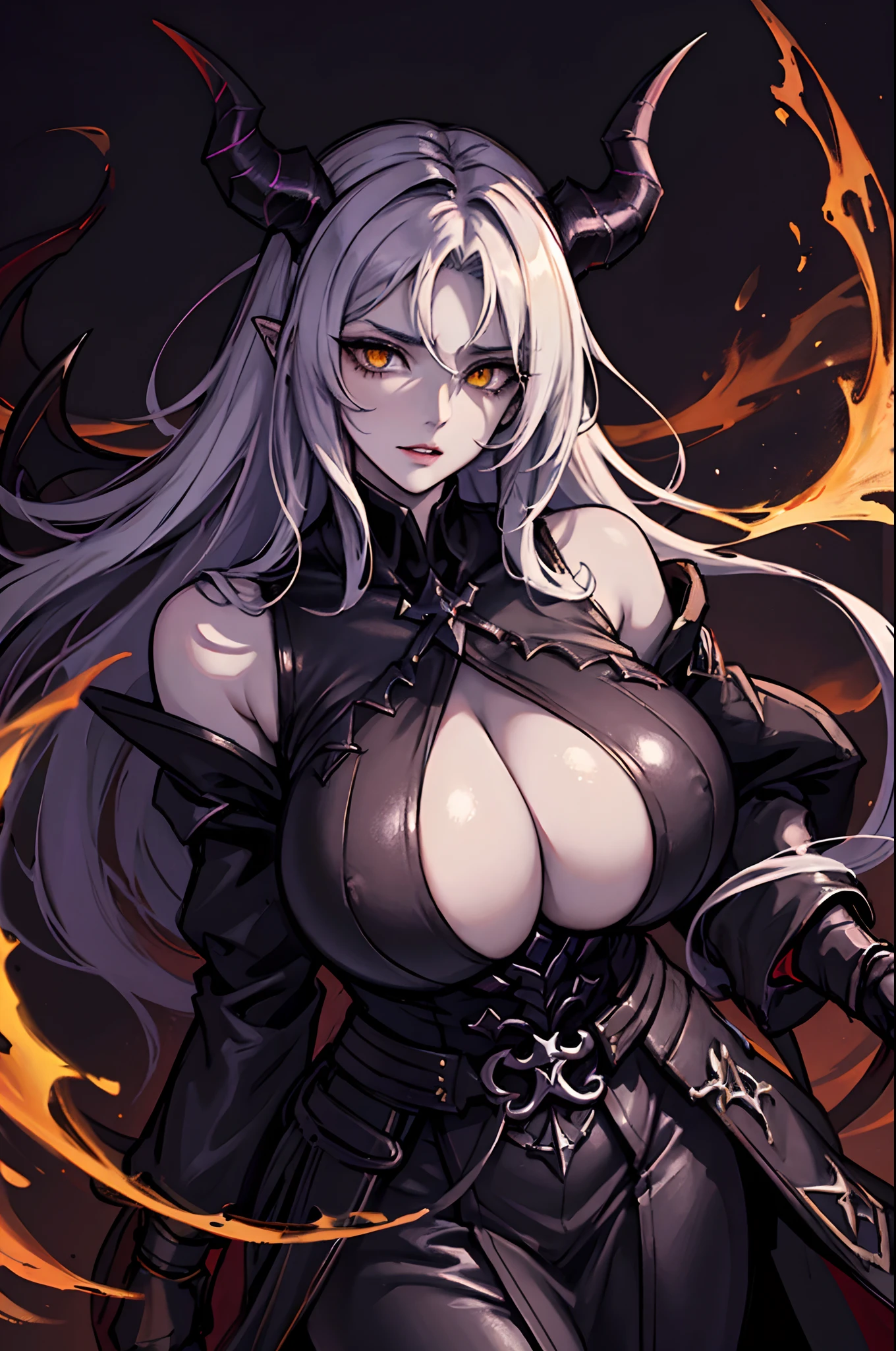 An eldritch demon queen with pale skin, a fit and skinny body, and (huge gigantic boobs:1.3). She has an erection, dark curly and messy hair that flows down her back. Her face is long with a narrow jawline. Her skin is detailed and her face and eyes are extremely detailed with a 1.3 strength. She has striking yellow eyes that pierce through the darkness. The artwork is created in the medium of oil painting, showcasing high-quality and ultra-detailed techniques. The colors used are dark and mysterious, emphasizing the supernatural nature of the demon queen. The lighting is dim, with a spotlight illuminating her face and body, creating a haunting atmosphere.
