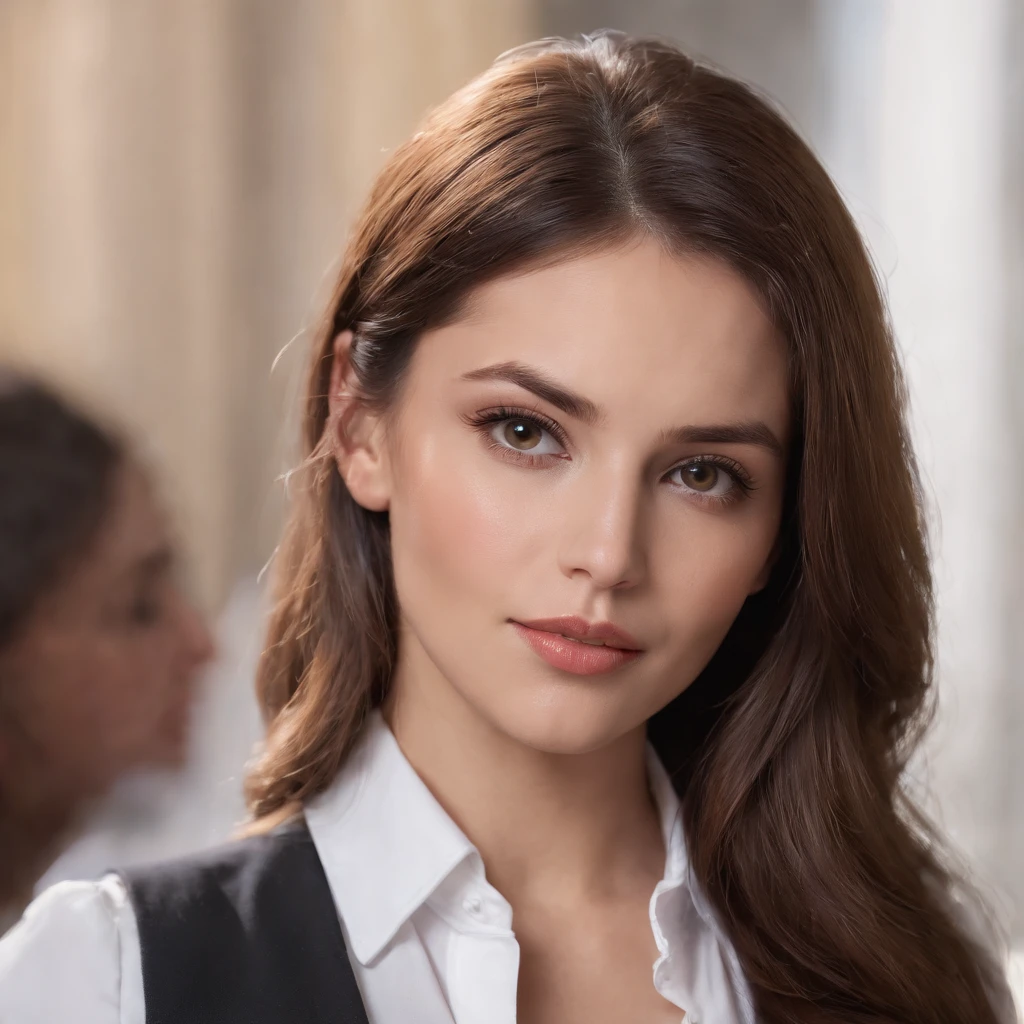 Woman, lawyer, business clothes, big breasts, black eyes, full mouth, Brazilian features, white, 4k, realistic, cinema pose, enigmatic