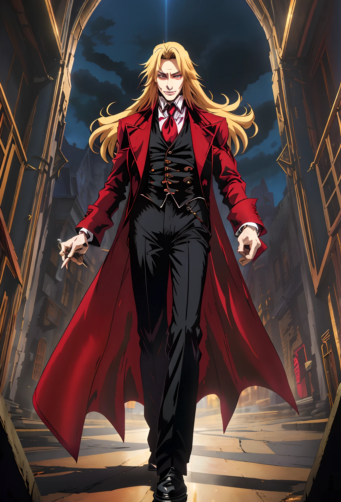 Hellsing, personagem alucard, Standing character, sobretudo vermelho, olhos vermelhos, paisagem de noite, lua vermelha de fundo,