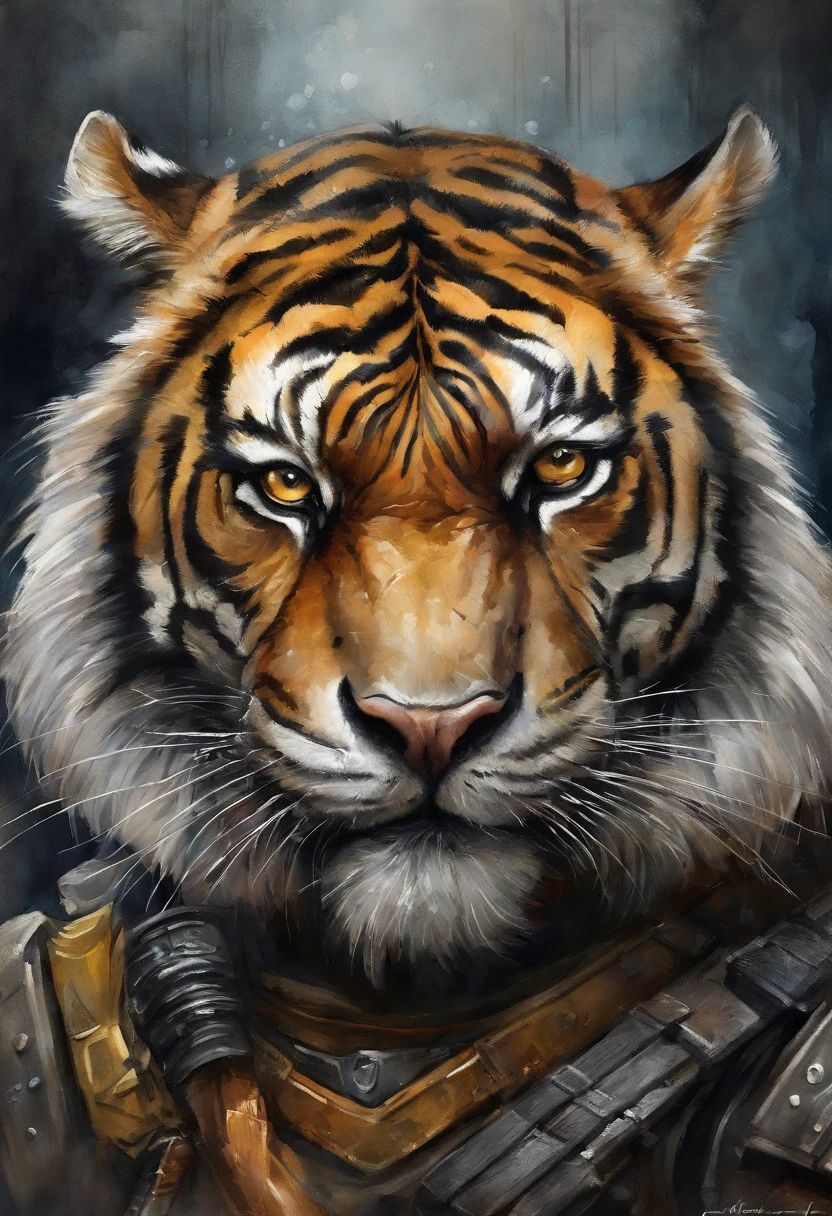 qualidade superior, dramatic lighting, menacing pose, olhar feroz, epic atmosphere, (((Tiger head shaped helmet))), (((tiro de corpo inteiro))), tigre de metal, Ciborgues, estilo cyberpunk, mechnical, ((detalhes intrincados)), NFFSW, ((detalhes intrincados, Hiperdetalhes)), incandescent bulbs, Cinematic Shot, vinheta, bokeh efeito beckground, (tigre), (tiro de corpo inteiro).