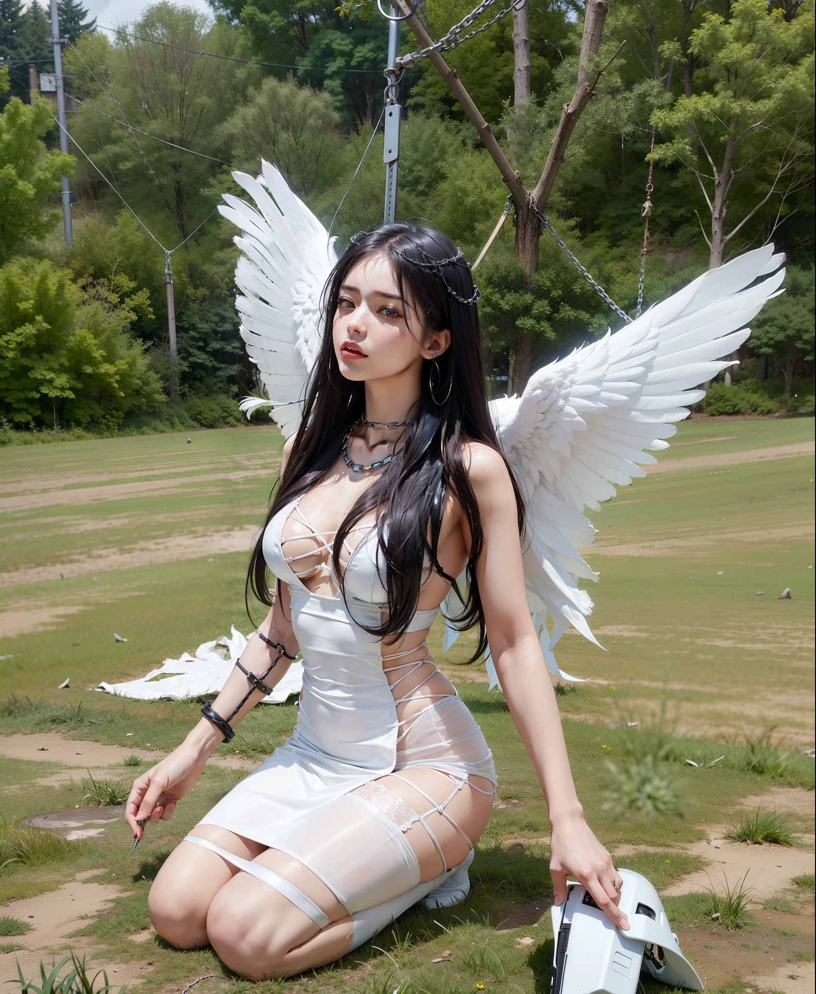 ,((Wearing a torn sheer costume of a superheroine)),(, No bra)), Wet crotch, Wet thighs, Beautiful girl with accentuated slender abs: 1.4, (((nipple tips protruding, areola is protruding, The shape of the pubic region is clearly visible)), sixpack abs: 1.4, Bust Botox, Photo, Sharpness, Unique 850 4, Koda850 k portrait camera, F1.6 shots, Ultra-realistic textures, Spectacular light textures, Cinestil 800 Fashion Mechanics, (futuristic sci-fi battle fashion: 1.1), (tied perfectly by chain), Restraint, Slaves, collars, ((wide prison with sunlight)), Dark fantasy, Realistic material details, extreme hight detail, Ultra-realistic materials ((Torn costume))), Wet, Cloudy, (Chained)), ((big emphasized by chains)), ((chains digging into crotch)), ( (Collar)), (, No bra), shredded costumes, broken golden shields and battle spears,, White combat gloves, Combat shoulder armor, Blood splattered on the face, Blood splattered, Realistic, (Bruises, Dirty, ripped clothing, skimpy clothing, Blood: 1.3), Torn Cape, Torn pantyhose, Long legs, ((iron pipe in the crotch)), Metallic shackles and fetters, ((chains hung from heaven)), Wet crotch is clearly visible, Swarovski's sword and the anatomy beneath his feet, (futuristic sci-fi battle fashion, Torn mesh stockings),