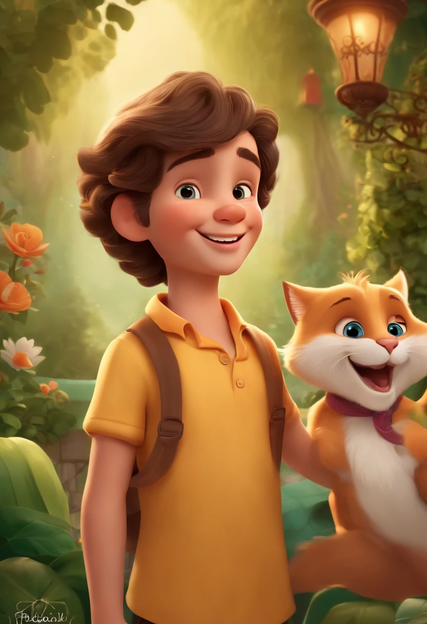 estilo disney,Charming and colorful illustration,menino gordo bonito com um grande sorriso segurando um gato assustado,belos olhos detalhados,Playful Atmosphere, cores vibrantes, magic lighting,medium: Digital illustration with a touch of traditional animation style,Personagens e planos de fundo ultradetalhados,cena extravagante e alegre,Feliz, Friendly, and innocent expressions,Magical garden scenery,fundo encantado da floresta,authentic Disney-like art,HDR colors and high resolution,best quality,altamente estilizado,pintura ultrafina,foco nítido,Caracteres no modelo,Narrativa visual impressionante,Adorable and lovable characters,cena emocionante e alegre,design de personagem exclusivo,paleta de cores perfeitamente harmonizada,arte profissional,Delightful and captivating illustration,master part:1.2