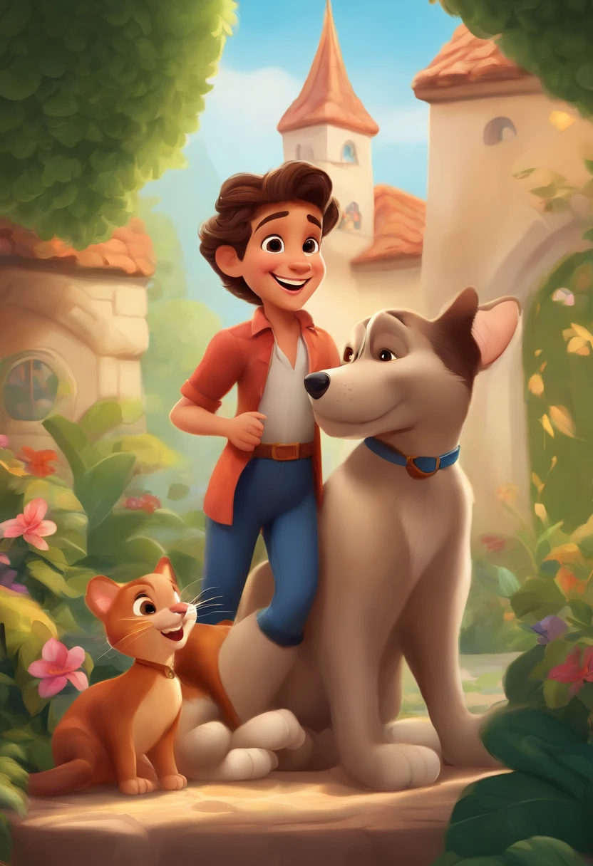 estilo disney,Charming and colorful illustration, gordo bonito com um grande sorriso segurando um gato assustado,belos olhos detalhados,Playful Atmosphere, cores vibrantes, magic lighting,medium: Digital illustration with a touch of traditional animation style,Personagens e planos de fundo ultradetalhados,cena extravagante e alegre,Feliz, Friendly, and innocent expressions,Magical garden scenery,fundo encantado da floresta,authentic Disney-like art,HDR colors and high resolution,best quality,altamente estilizado,pintura ultrafina,foco nítido,Caracteres no modelo,Narrativa visual impressionante,Adorable and lovable characters,cena emocionante e alegre,design de personagem exclusivo,paleta de cores perfeitamente harmonizada,arte profissional,Delightful and captivating illustration,master part:1.2