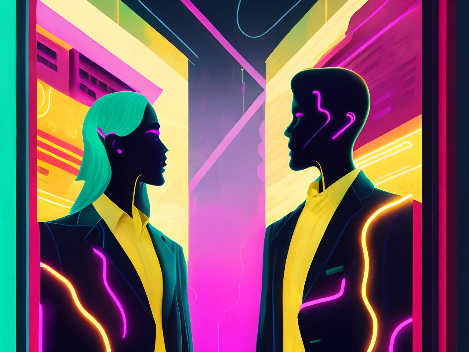 An illustration of two people with their backs to each other, a business office, cores neon por Kilian Eng