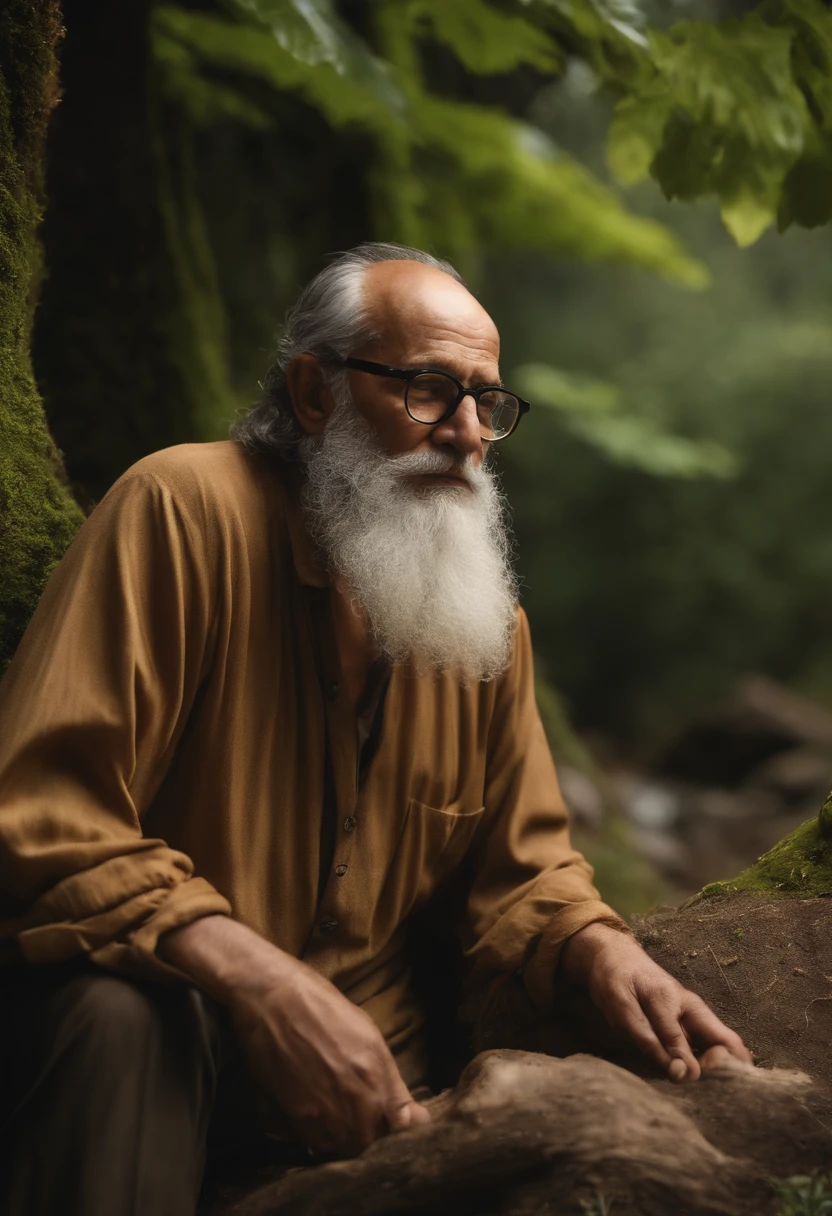 (melhor qualidade,4k,Full HD,alto:1.2), ultra-detalhado, (Realistic,fotorrealista,photo-realistic:1.37), A rich man of about 45 years old with black hair and glasses, majo, parecendo triste, Vazio, Visiting a wise old man who lives in the mountains and who gives him a gift in a half-sized box, da pra ver as montanhas no fundo, imagem fora de casa, no meio de uma floresta.