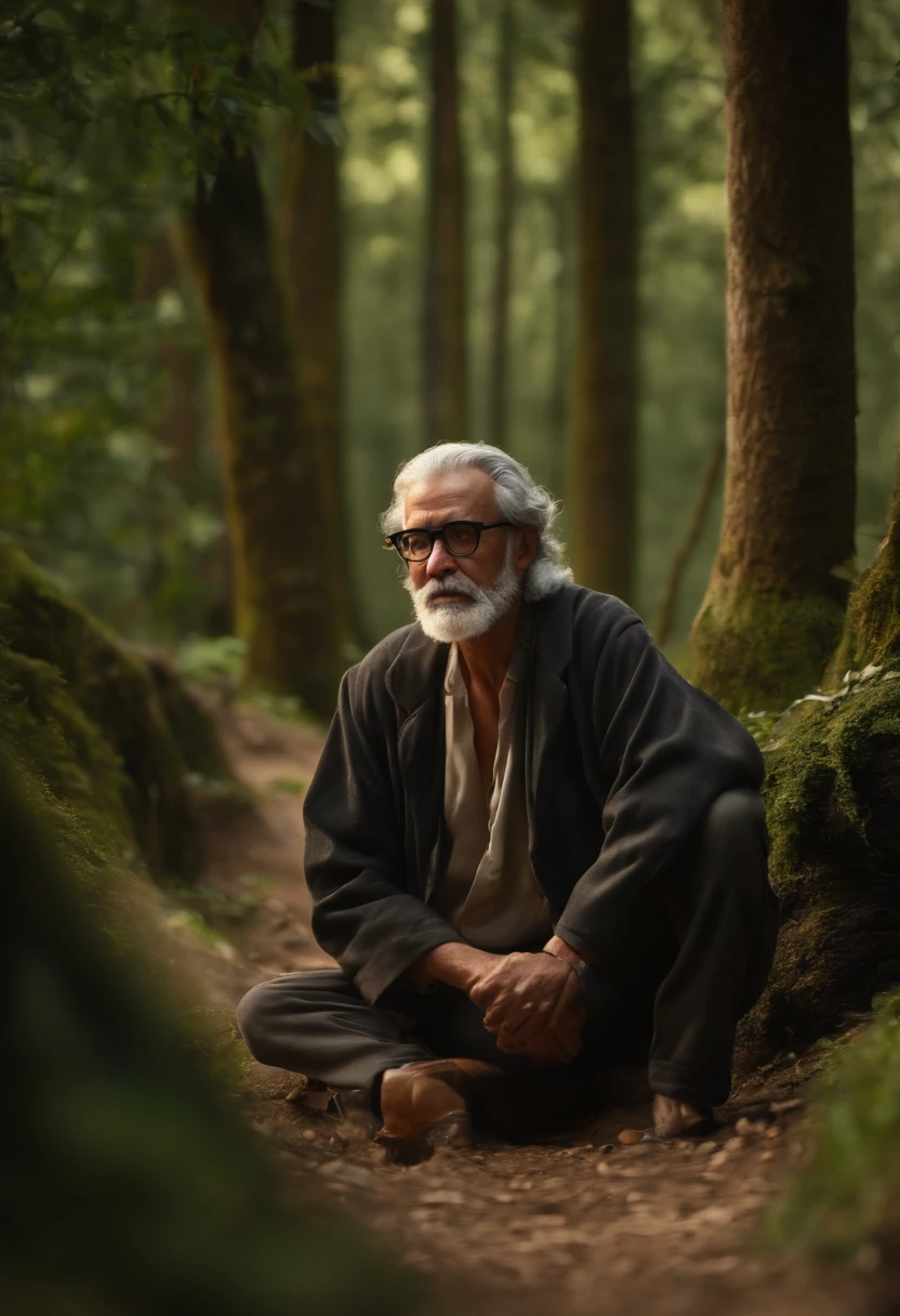 (melhor qualidade,4k,Full HD,alto:1.2), ultra-detalhado, (Realistic,fotorrealista,photo-realistic:1.37), A rich man of about 45 years old with black hair and glasses, majo, parecendo triste, Vazio, Visiting a wise old man who lives in the mountains and who gives him a gift in a half-sized box, da pra ver as montanhas no fundo, imagem fora de casa, no meio de uma floresta.