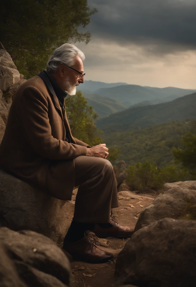 (melhor qualidade,4k,Full HD,alto:1.2), ultra-detalhado, (Realistic,fotorrealista,photo-realistic:1.37), A rich man of about 45 years old with black hair and glasses, majo, parecendo triste, Vazio, Visiting a wise old man who lives in the mountains and who gives him a gift in a half-sized box, da pra ver as montanhas no fundo, imagem fora de casa, no meio de uma floresta.