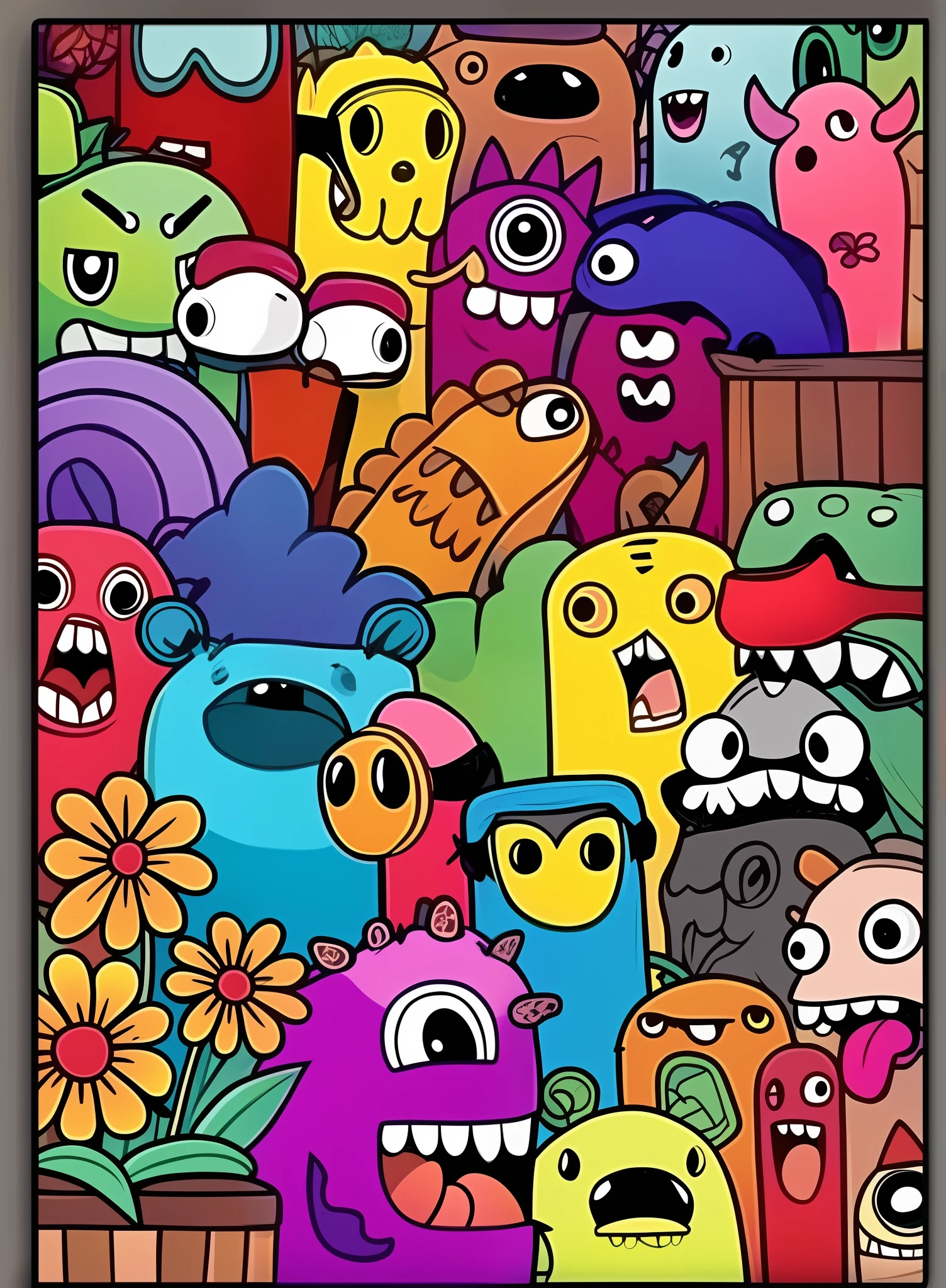 Um grupo de monstros dos desenhos animados com cores e tamanhos diferentes, arte digital. quadrinhos coloridos, hand painted cartoon art style, arte colorida do doodle, por Android Jones, arte vibrante dos desenhos animados, full-colour illustration, Pintura por Android Jones, colorido com muita cor, monstros bonitos, rostos coloridos dos personagens, estilo quadrinhos coloridos, vivid colorful comics style, Monstros em segundo plano, obras de arte muito coerentes