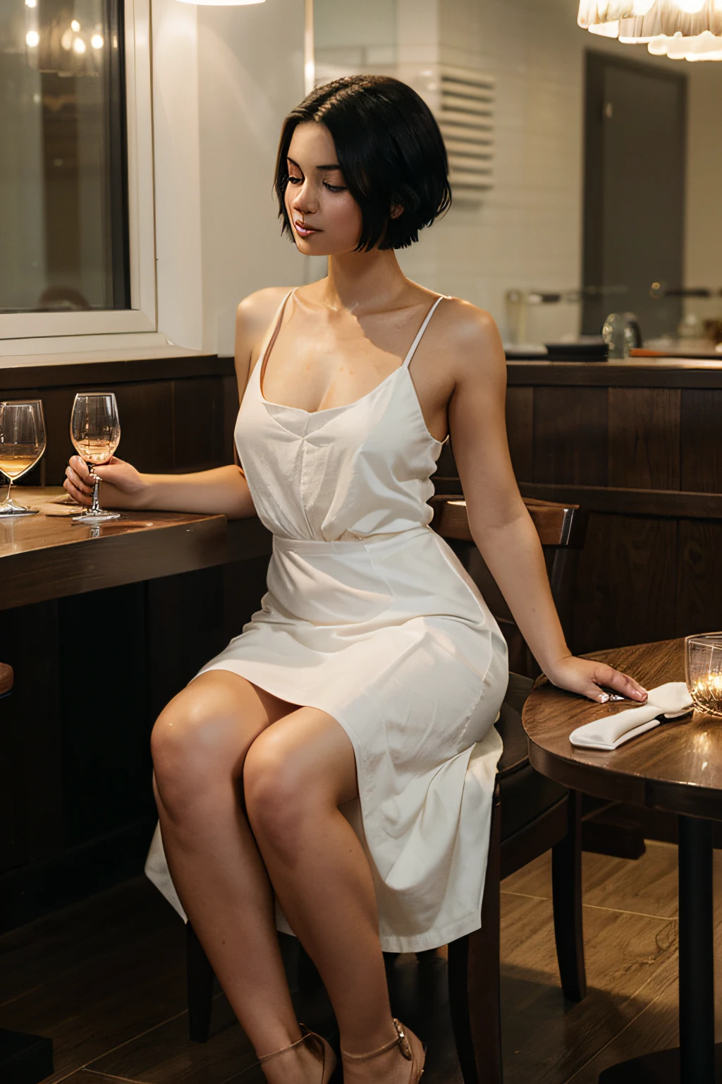 Create an image of a woman with "short" black hair, 20 years old, Her skin is "White", She is sitting in a chair, She is wearing a long dress, She is in a restaurant, There is wine on the table, She is a successful woman. It is possible to perceive a night atmosphere, You can visualize light and shadow effects. The image is in excellent quality.