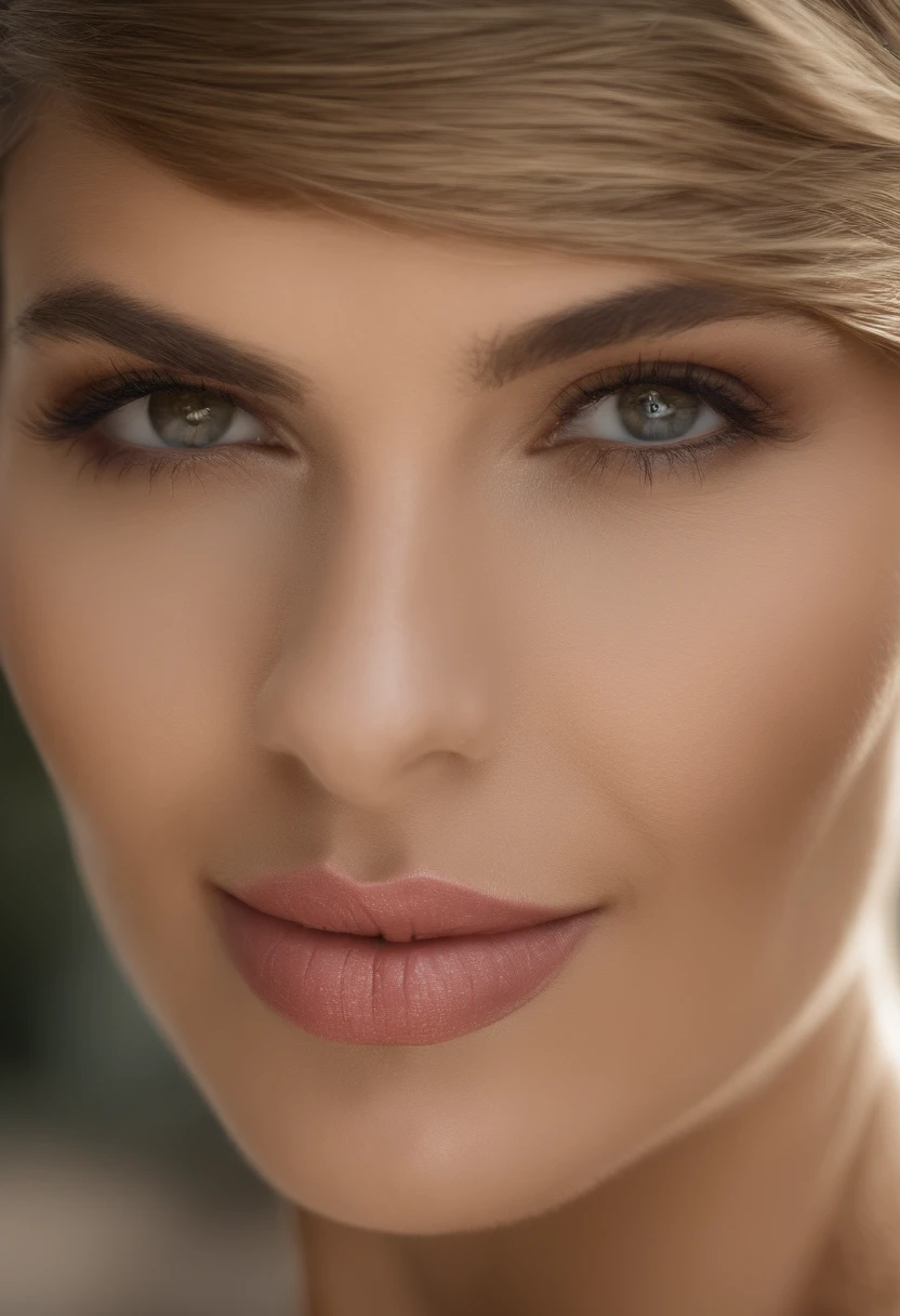 The woman in the photo displays a soft, genuine smile that lights up her face. Seus olhos, de formato amendoado, possuem um brilho particular, como se ela estivesse contente ou animada. The irises of the eyes are a dark shade. Logo acima, suas sobrancelhas, dark in color and medium thickness, They are well designed and seem to follow the natural curve of the brow bone, No signs of flaws or spacing.
Seu nariz tem um perfil reto, terminando em uma ponta levemente arredondada. The nostrils are inconspicuous and well proportioned to the size of the nose.
Her lips are a natural pinkish hue. The upper lip is more slender while the lower lip is more voluminous, Giving an aesthetic balance to your smile.
Her hair has a wavy texture and is quite voluminous. It is a dark brown shade, quase preto, and reflects a healthy glow. Algumas mechas soltas enquadram seu rosto, enquanto outras descem pelos seus ombros.
como a vestimenta, She wears a beige or cream blouse with small, discreet buttons that run vertically down the garment. The white blazer she wears is a plain fabric, with a classic cut. O colarinho do blazer se encontra aberto, exibindo parte da blusa por baixo. Your hands, de dedos finos e unhas bem cuidadas, parecem estar fazendo um gesto sutil, perhaps adjusting the blouse or gently touching the buttons.
The background of the image is neutral and clear, which helps to further highlight the woman and her characteristics.