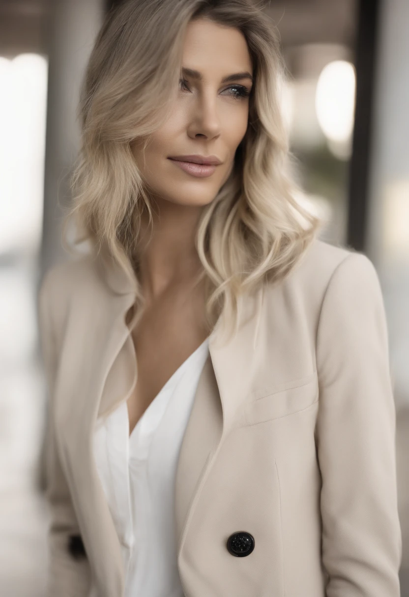 The woman in the photo displays a soft, genuine smile that lights up her face. Seus olhos, de formato amendoado, possuem um brilho particular, como se ela estivesse contente ou animada. The irises of the eyes are a dark shade. Logo acima, suas sobrancelhas, dark in color and medium thickness, They are well designed and seem to follow the natural curve of the brow bone, No signs of flaws or spacing.
Seu nariz tem um perfil reto, terminando em uma ponta levemente arredondada. The nostrils are inconspicuous and well proportioned to the size of the nose.
Her lips are a natural pinkish hue. The upper lip is more slender while the lower lip is more voluminous, Giving an aesthetic balance to your smile.
Her hair has a wavy texture and is quite voluminous. It is a dark brown shade, quase preto, and reflects a healthy glow. Algumas mechas soltas enquadram seu rosto, enquanto outras descem pelos seus ombros.
como a vestimenta, She wears a beige or cream blouse with small, discreet buttons that run vertically down the garment. The white blazer she wears is a plain fabric, with a classic cut. O colarinho do blazer se encontra aberto, exibindo parte da blusa por baixo. Your hands, de dedos finos e unhas bem cuidadas, parecem estar fazendo um gesto sutil, perhaps adjusting the blouse or gently touching the buttons.
The background of the image is neutral and clear, which helps to further highlight the woman and her characteristics.