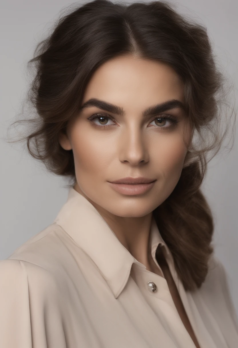 The woman in the photo displays a soft, genuine smile that lights up her face. Seus olhos, de formato amendoado, possuem um brilho particular, como se ela estivesse contente ou animada. The irises of the eyes are a dark shade. Logo acima, suas sobrancelhas, dark in color and medium thickness, They are well designed and seem to follow the natural curve of the brow bone, No signs of flaws or spacing.
Seu nariz tem um perfil reto, terminando em uma ponta levemente arredondada. The nostrils are inconspicuous and well proportioned to the size of the nose.
Her lips are a natural pinkish hue. The upper lip is more slender while the lower lip is more voluminous, Giving an aesthetic balance to your smile.
Her hair has a wavy texture and is quite voluminous. It is a dark brown shade, quase preto, and reflects a healthy glow. Algumas mechas soltas enquadram seu rosto, enquanto outras descem pelos seus ombros.
como a vestimenta, She wears a beige or cream blouse with small, discreet buttons that run vertically down the garment. The white blazer she wears is a plain fabric, with a classic cut. O colarinho do blazer se encontra aberto, exibindo parte da blusa por baixo. Your hands, de dedos finos e unhas bem cuidadas, parecem estar fazendo um gesto sutil, perhaps adjusting the blouse or gently touching the buttons.
The background of the image is neutral and clear, which helps to further highlight the woman and her characteristics.