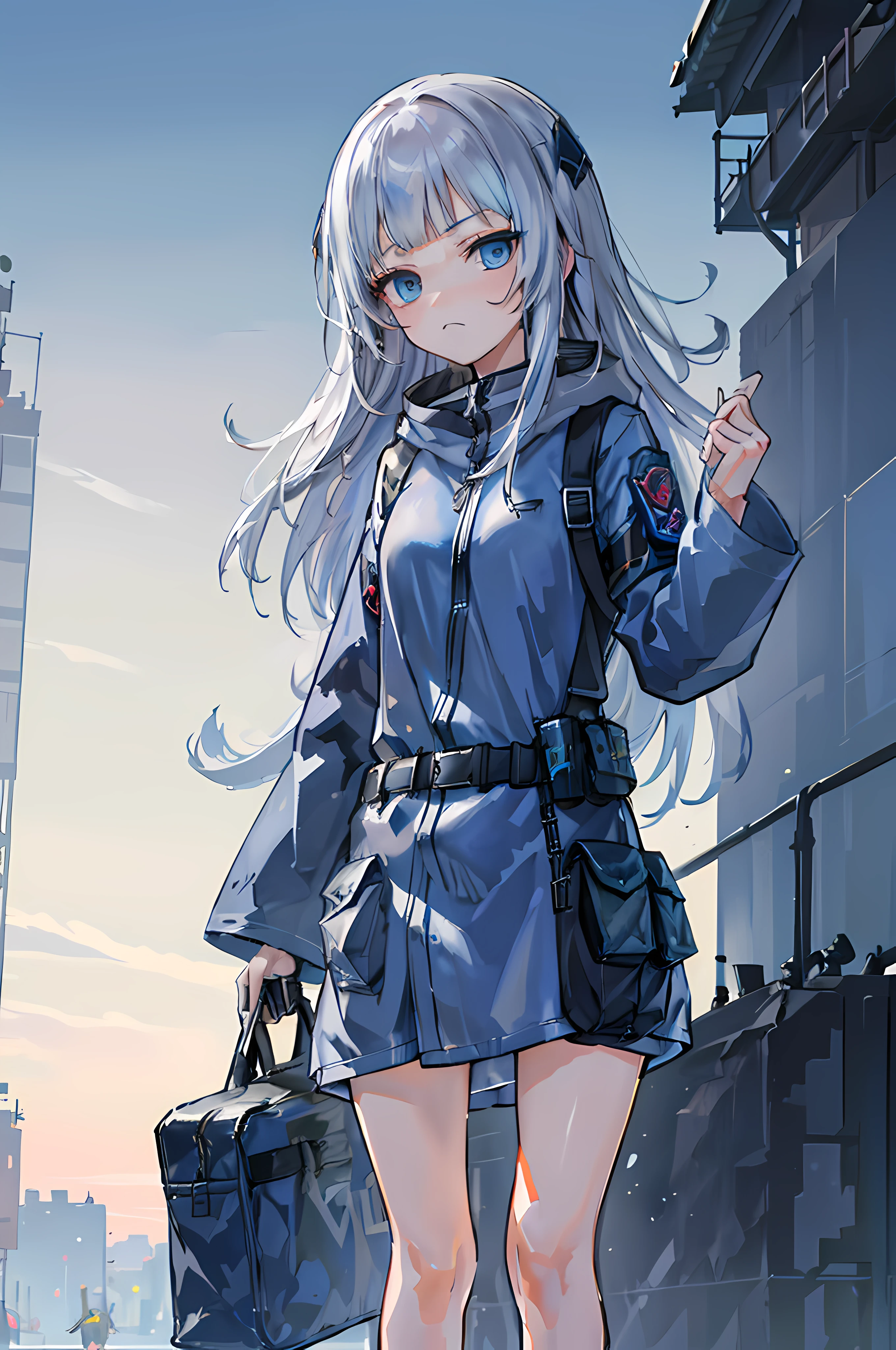(8K Ultra High-Quality) (Masterpieces) 1 Girl, long hair, blue eyes color, wearing Tactical Jacket with a bunch of pouches, wearing Blue Jean with Pistol Holster, carrying bag, holding M14 Battle Rifle, looking at viewer sad face.